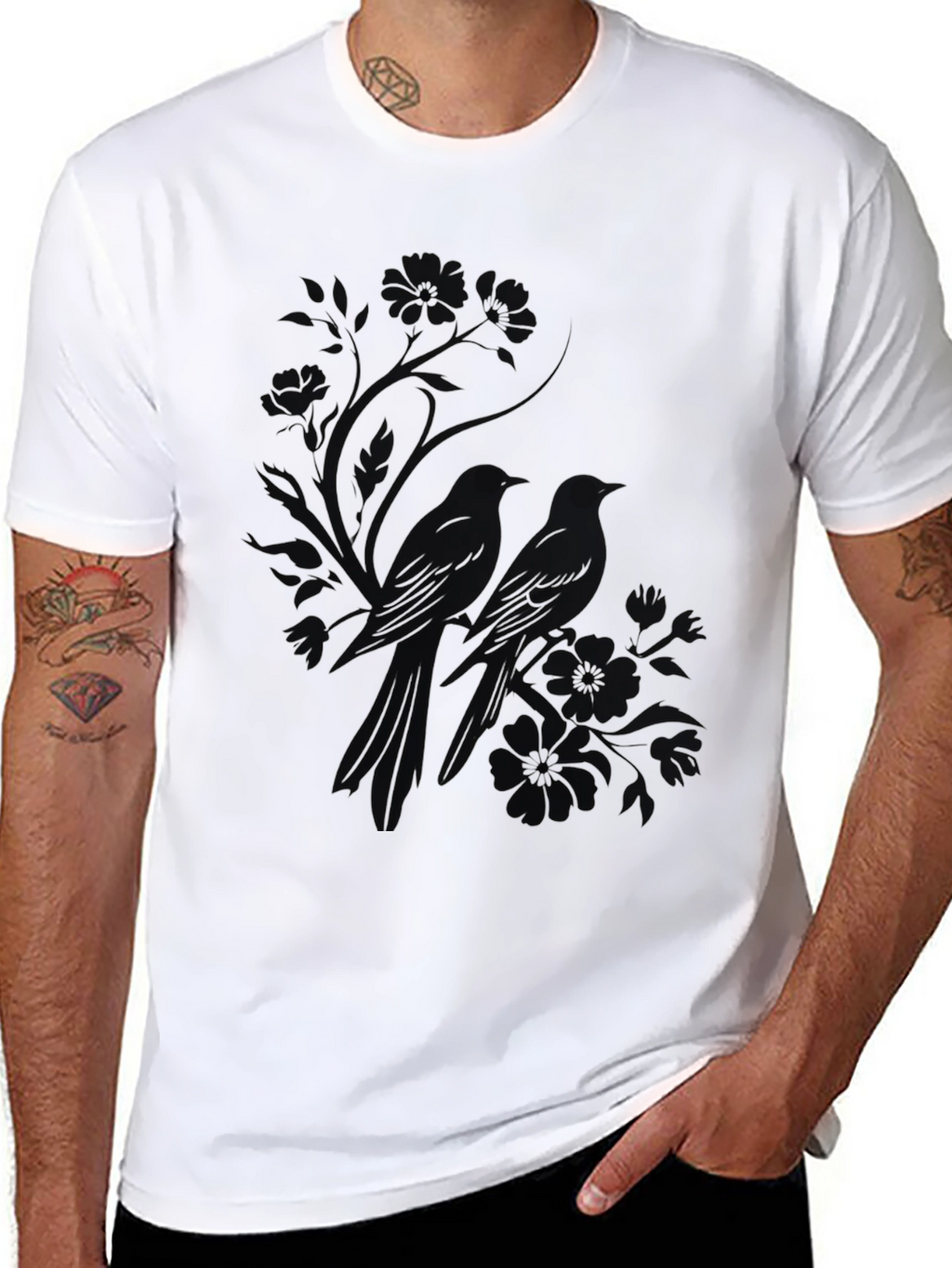 Mens Black Bird Print T-Shirt
