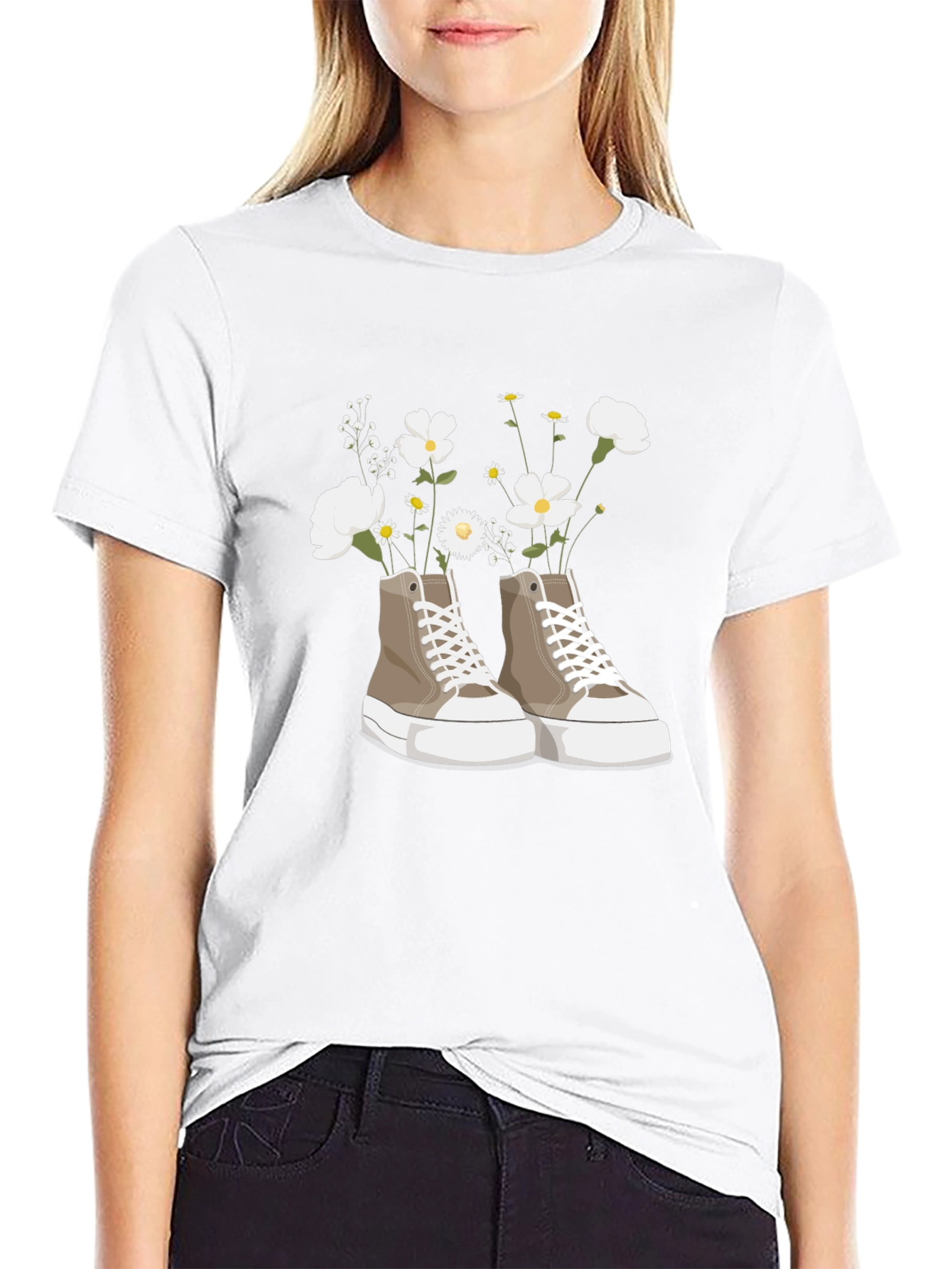 Floral Sneaker Graphic Tee - Trendy Casual Top