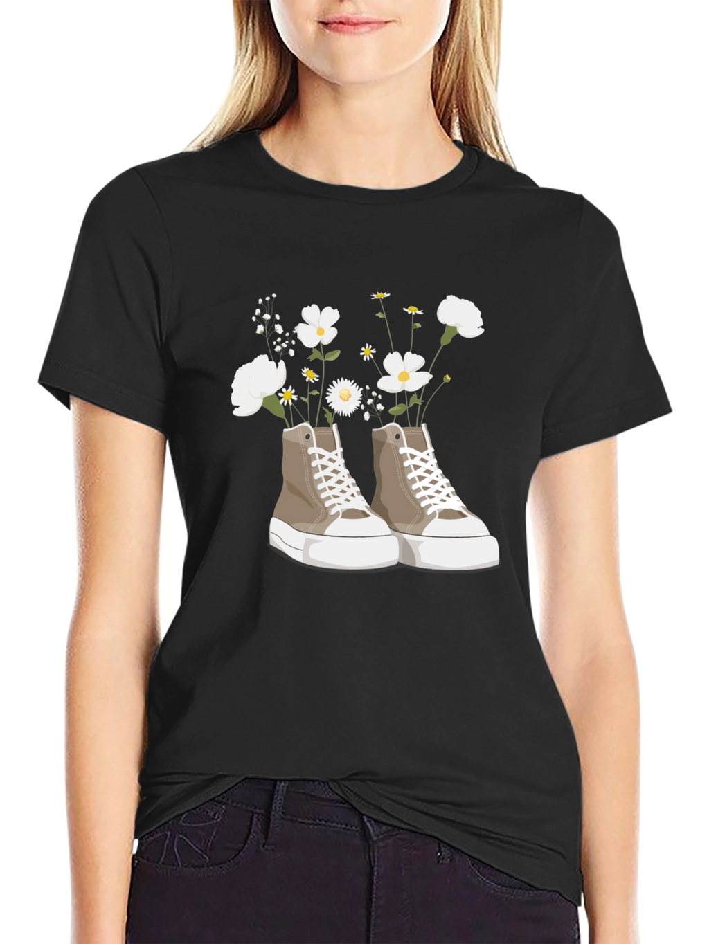 Floral Sneaker Graphic Tee - Trendy Casual Top