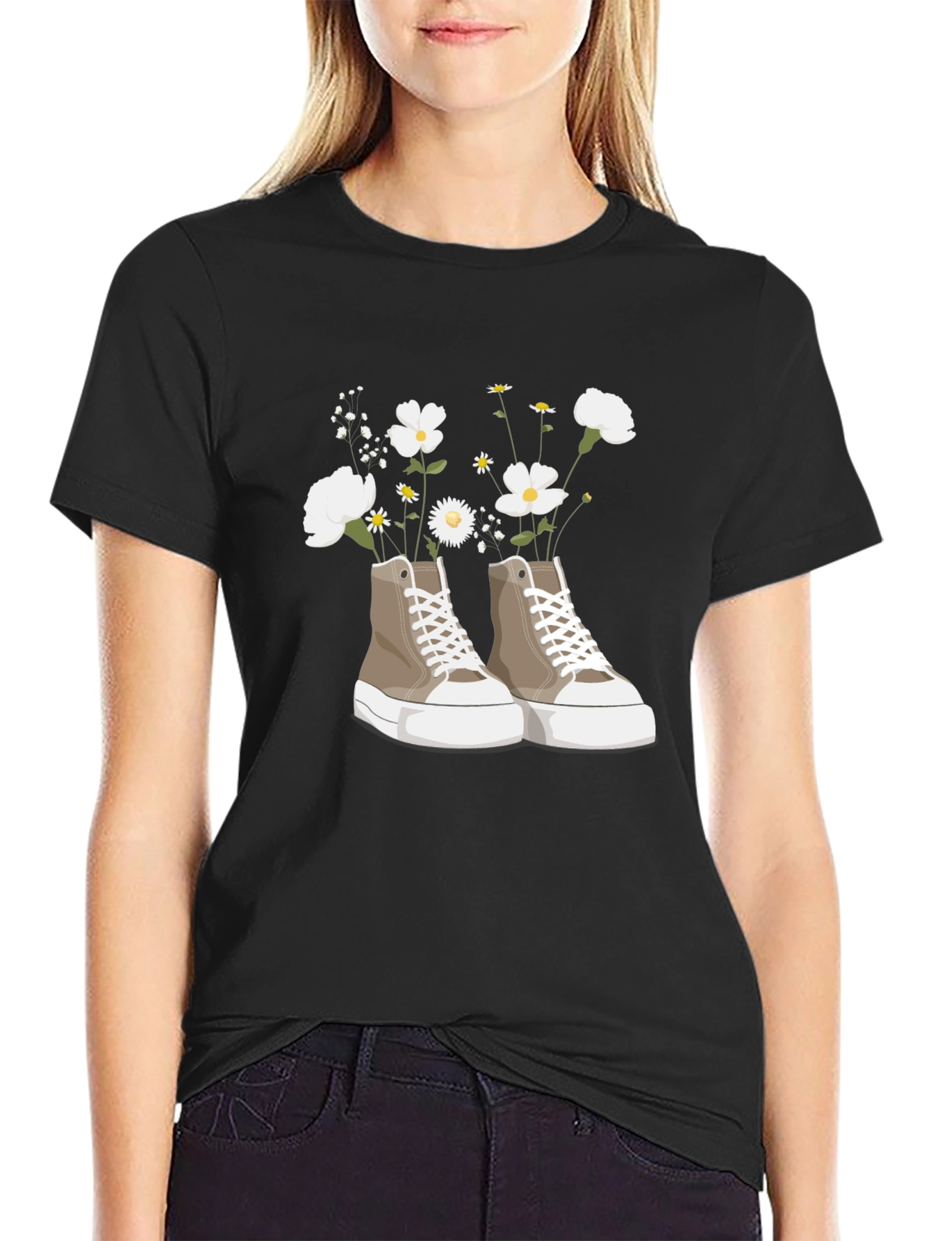 Floral Sneaker Graphic Tee - Trendy Casual Top