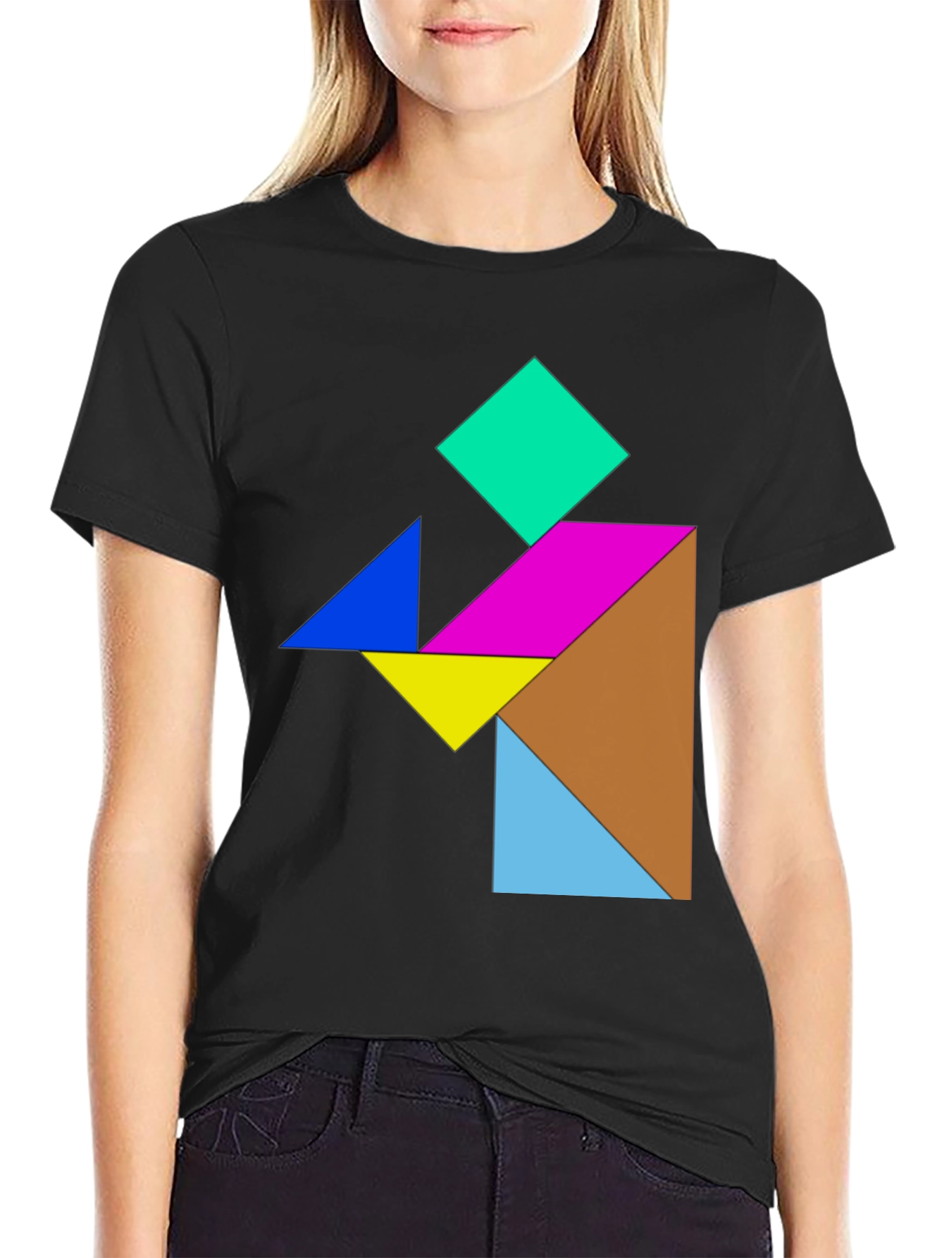 Tangram Puzzle Graphic Tee - Geometric Colorful Shirt