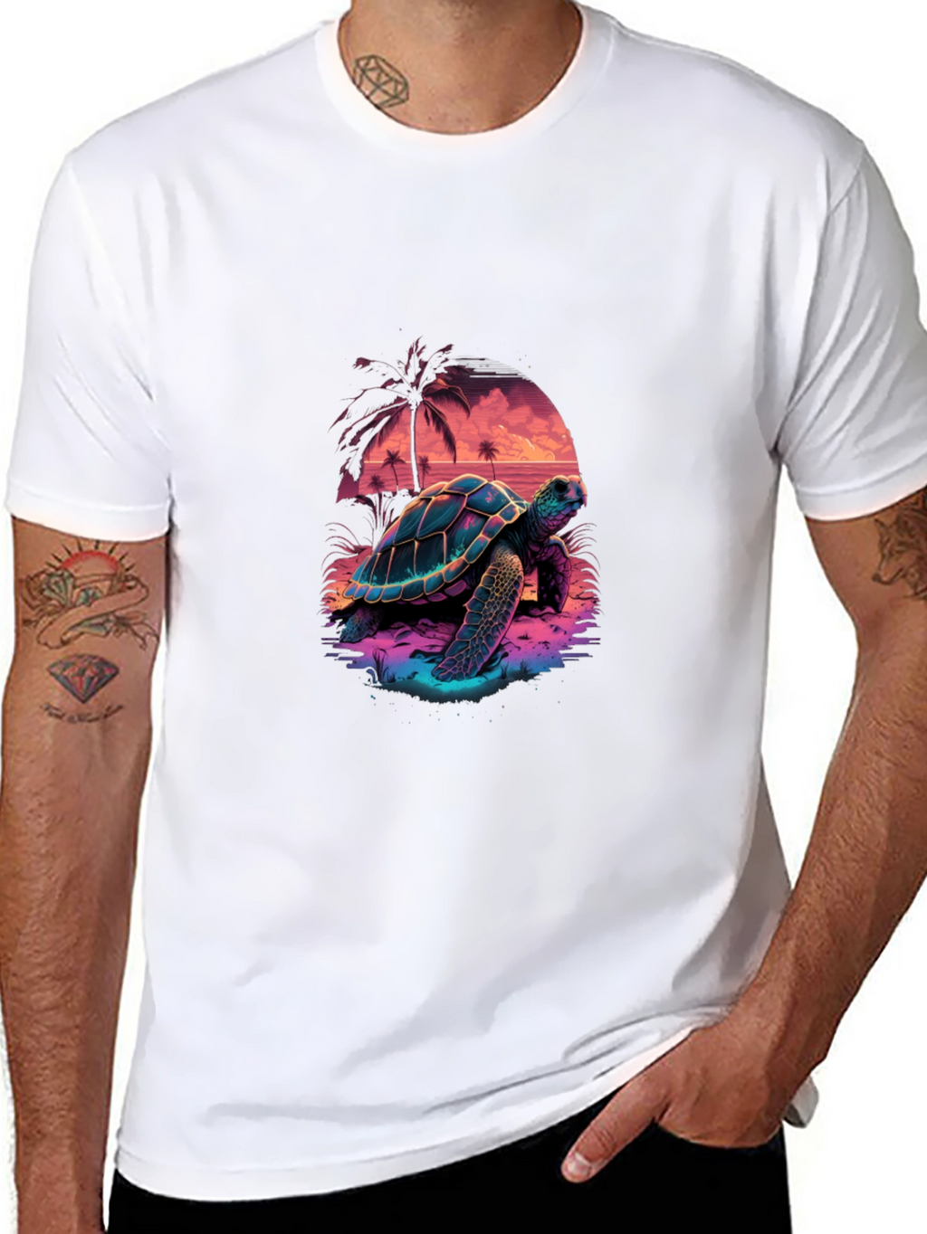 Neon Turtle Sunset Graphic T-Shirt