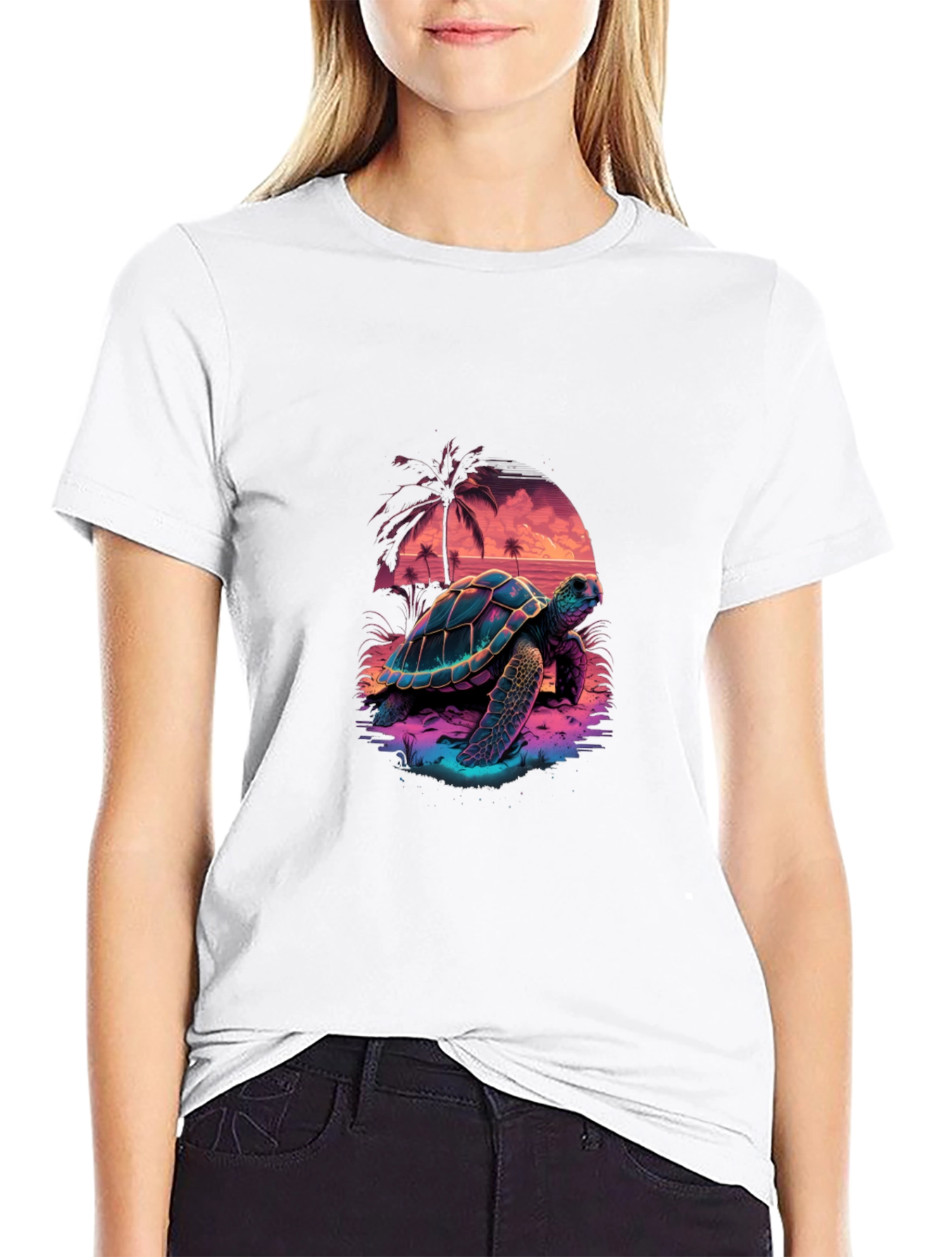 Neon Turtle Sunset Graphic T-Shirt