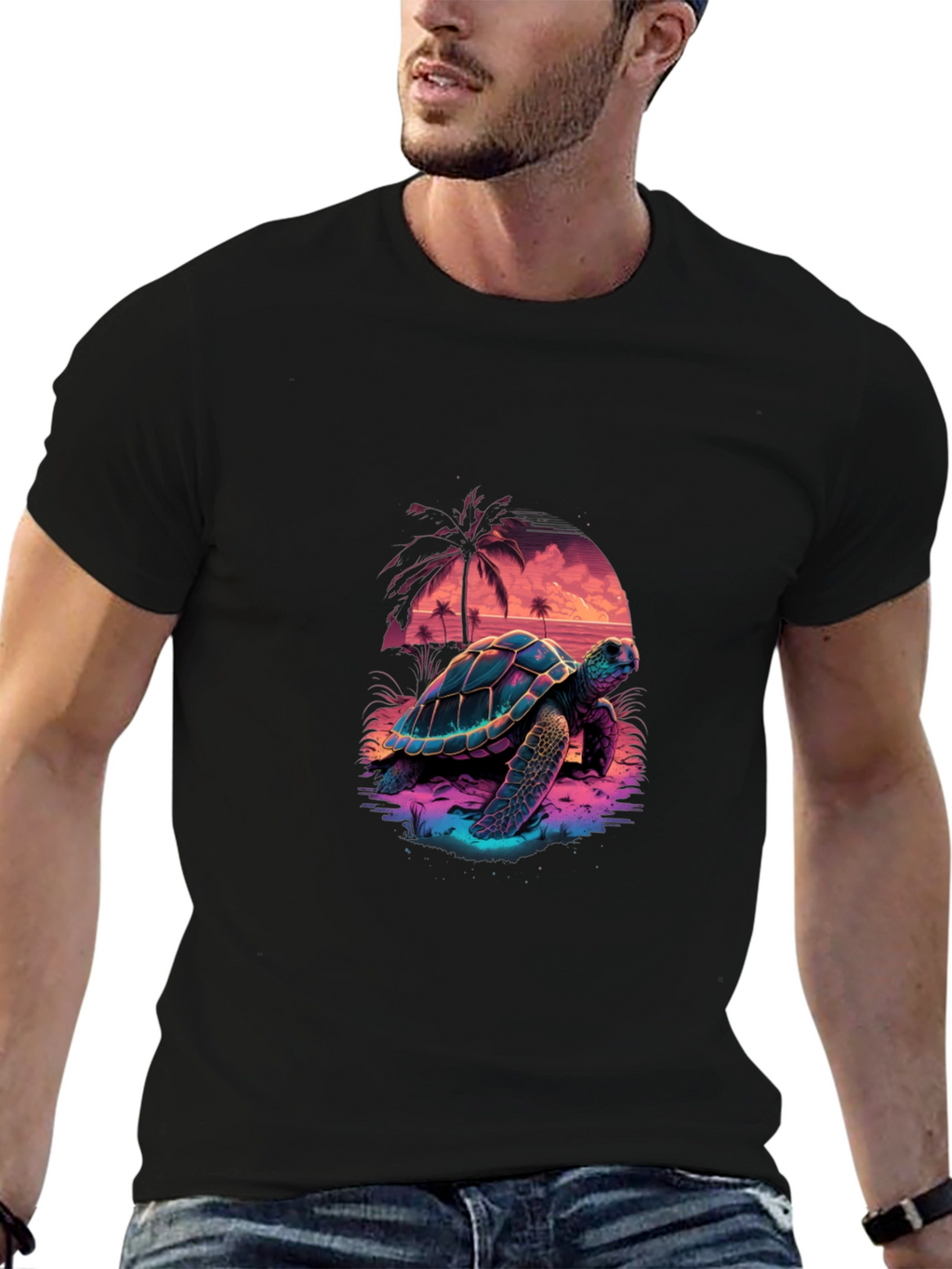 Neon Turtle Sunset Graphic T-Shirt