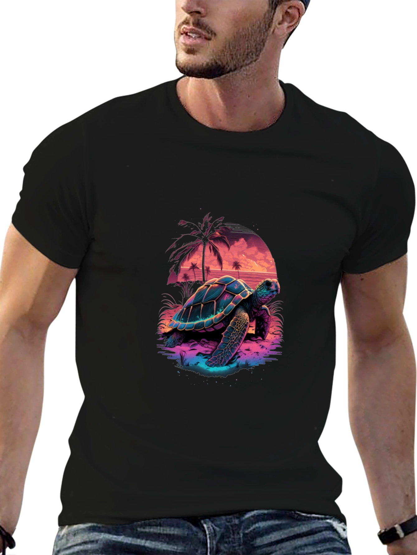 Neon Turtle Sunset Graphic T-Shirt