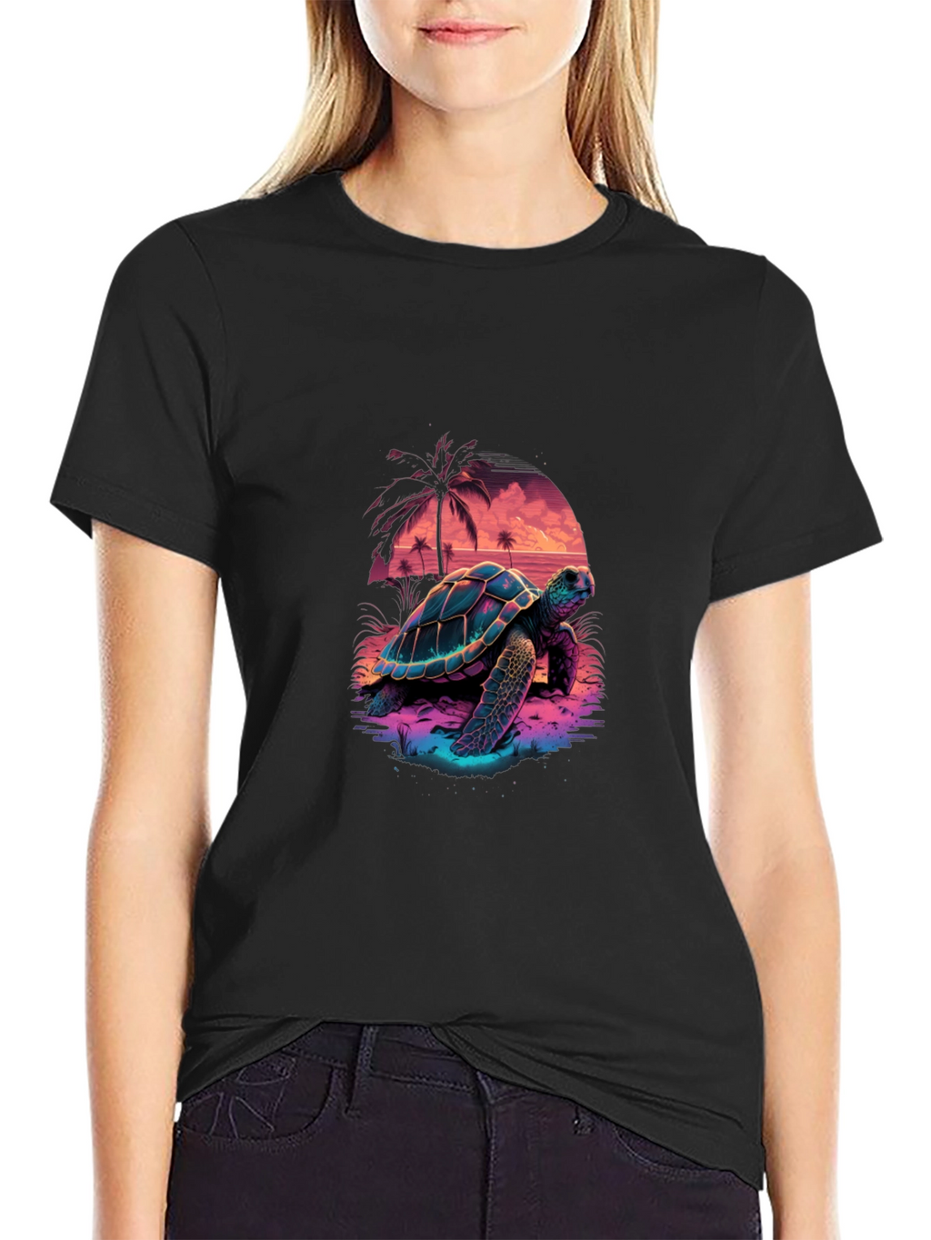 Neon Turtle Sunset Graphic T-Shirt