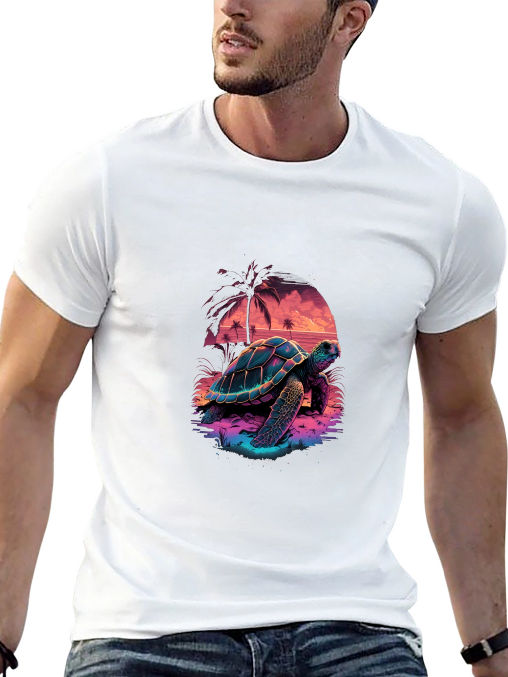 Neon Turtle Sunset Graphic T-Shirt