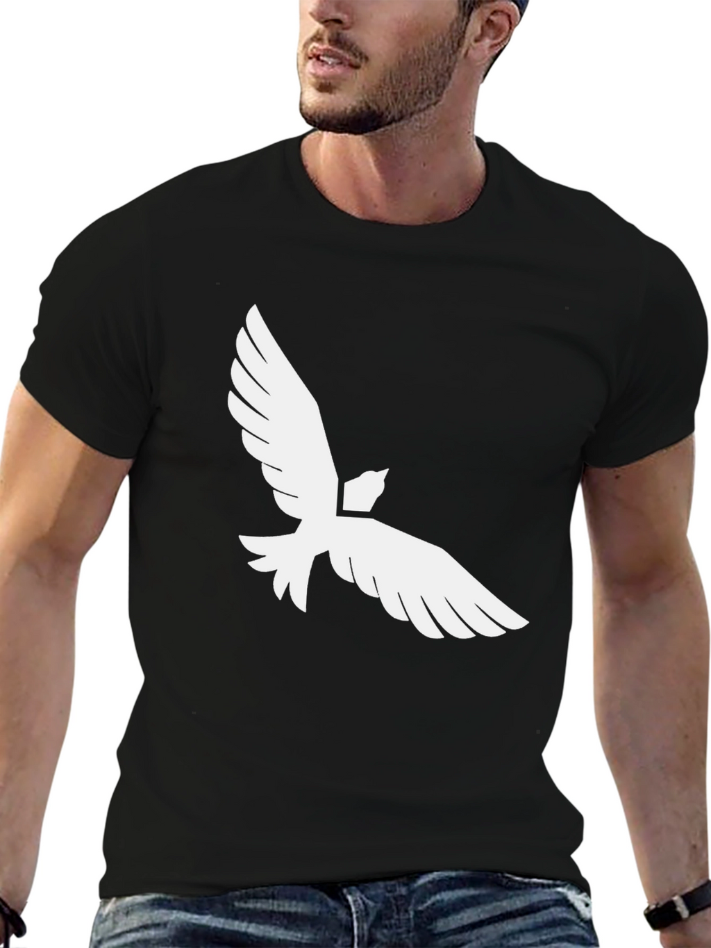 Black T-Shirt with White Dove Graphic