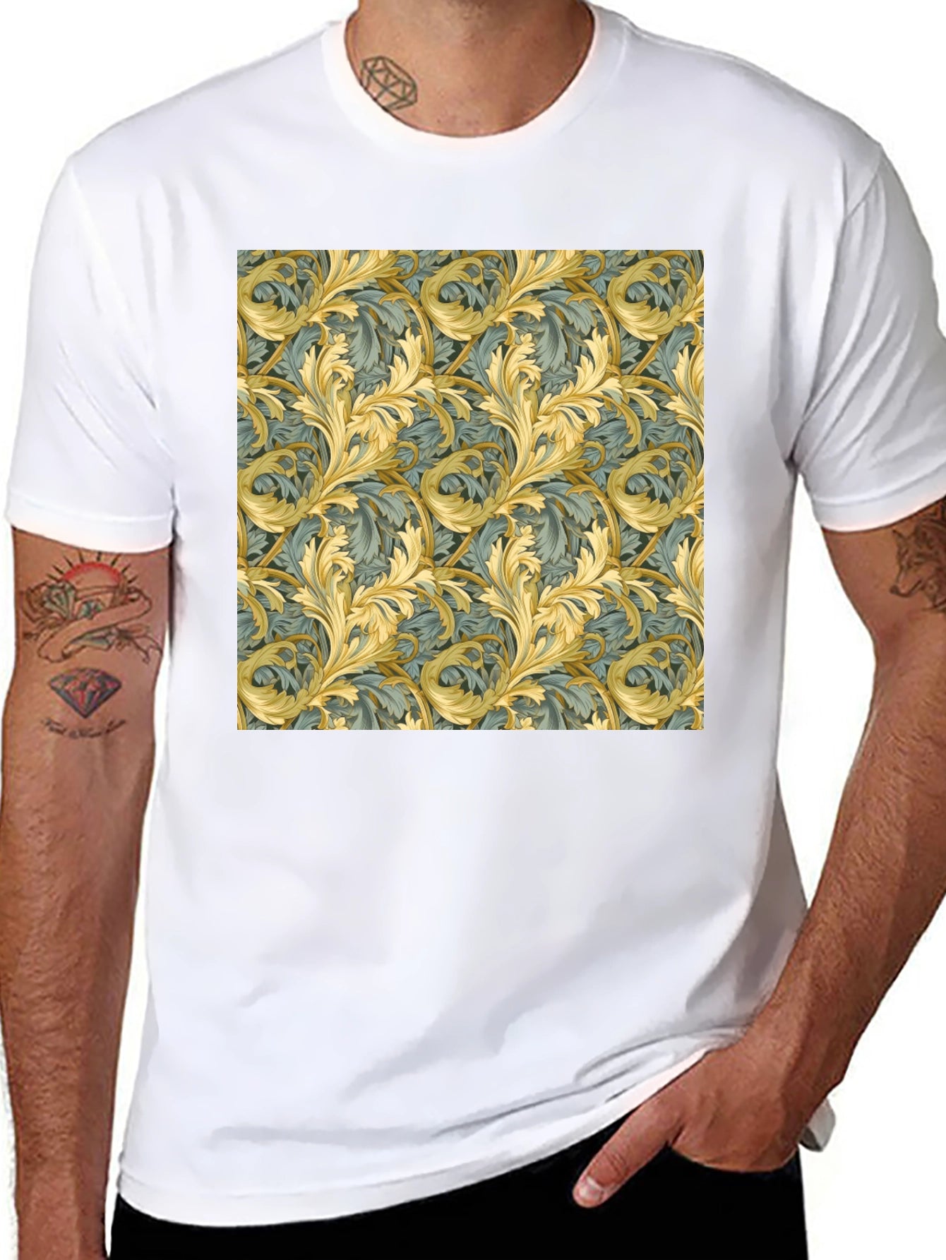Ornate Leaf Pattern Black T-Shirt