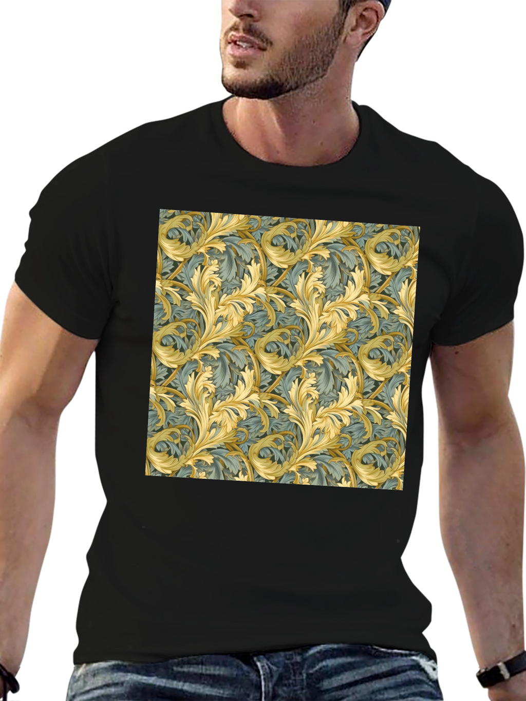 Ornate Leaf Pattern Black T-Shirt