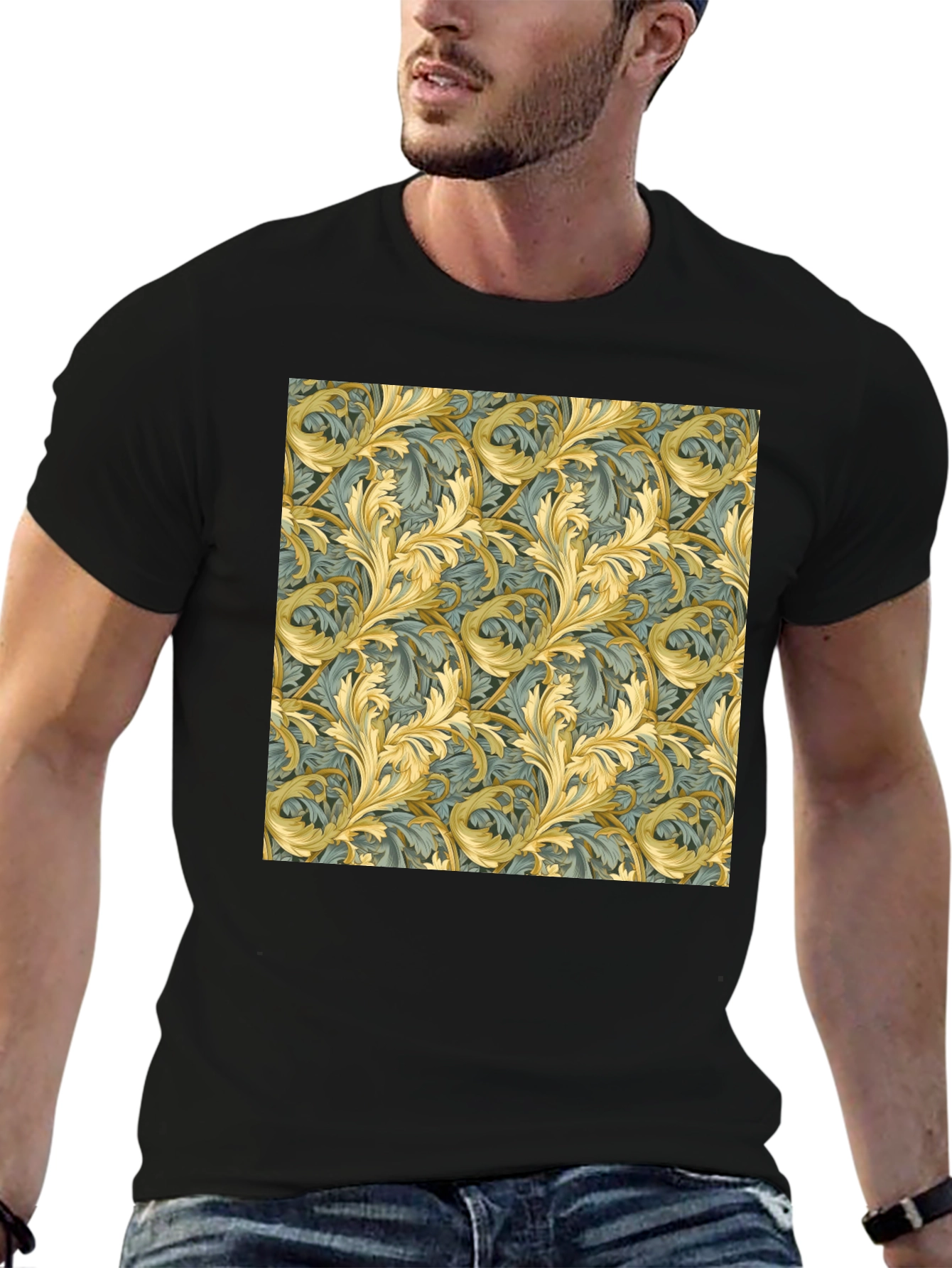 Ornate Leaf Pattern Black T-Shirt