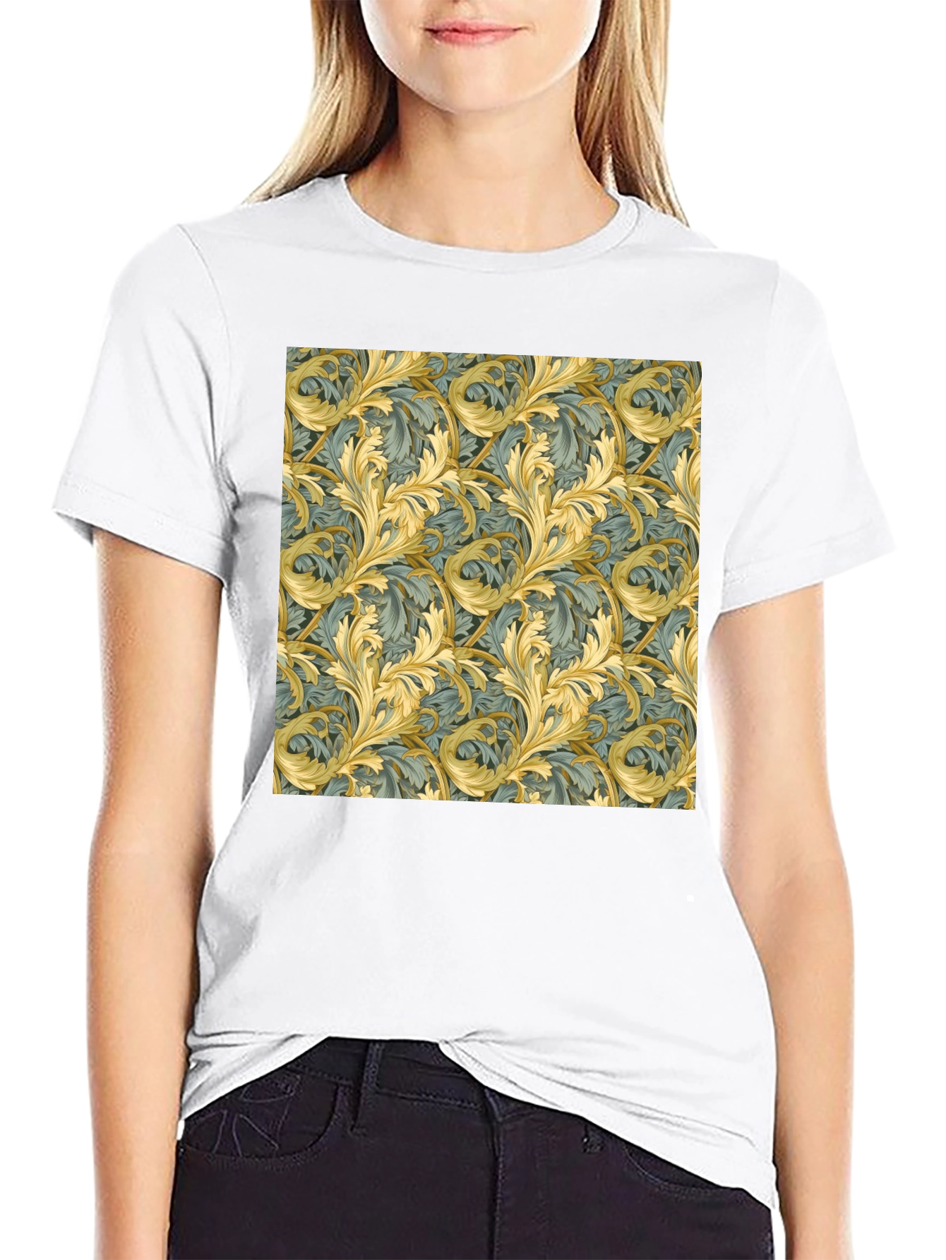 Ornate Leaf Pattern Black T-Shirt