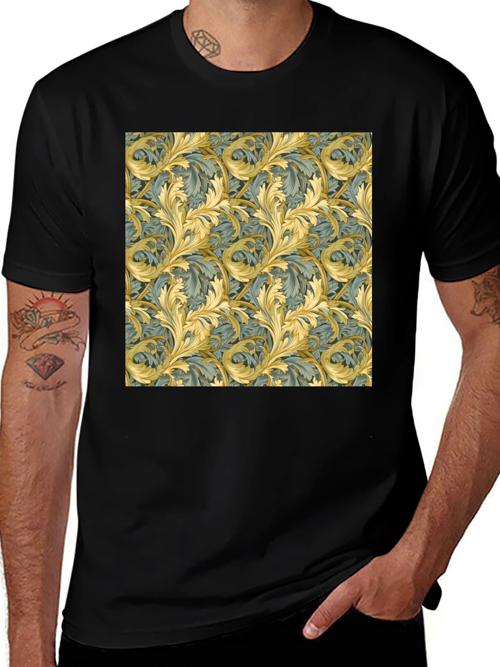 Ornate Leaf Pattern Black T-Shirt