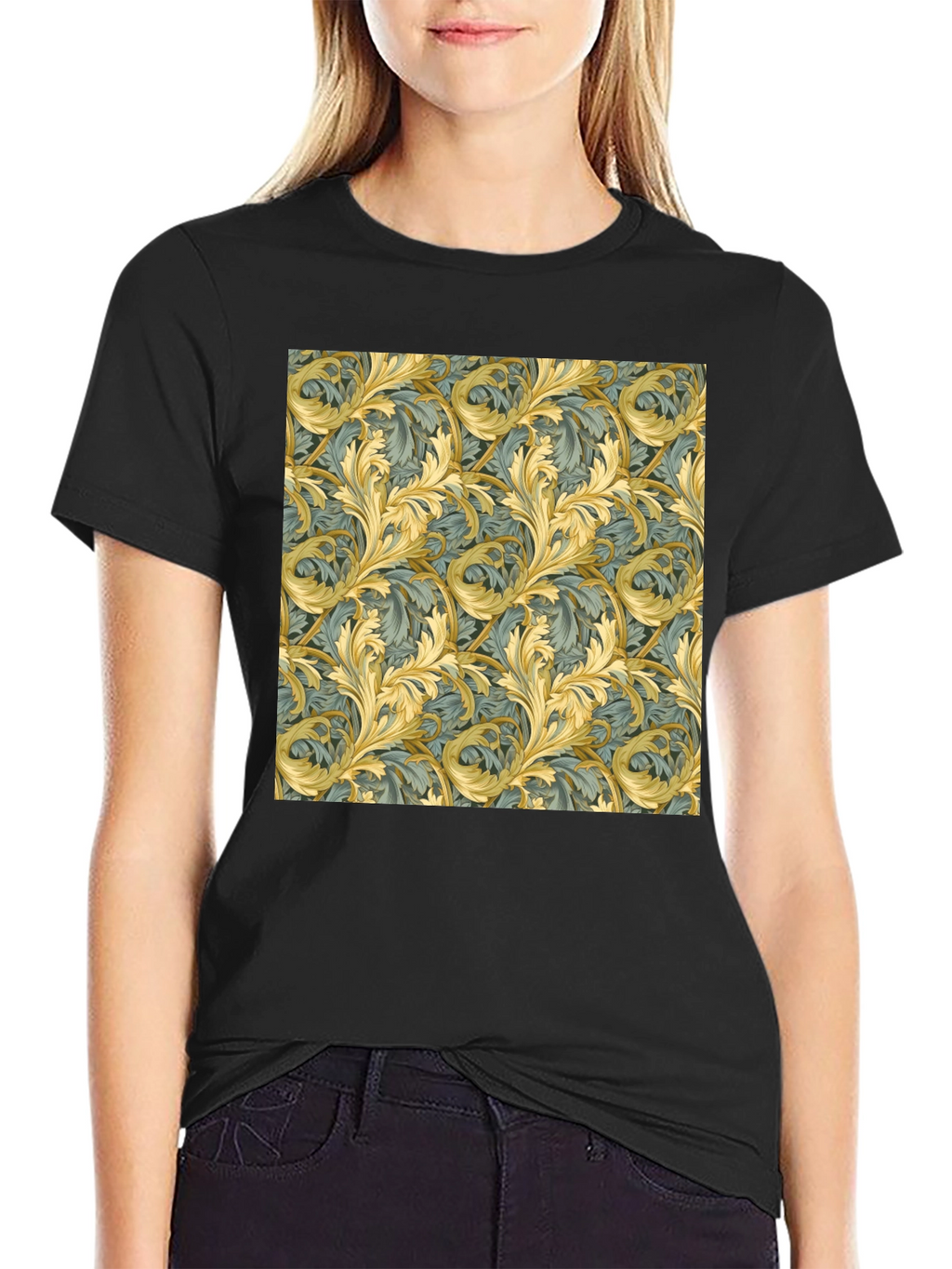 Ornate Leaf Pattern Black T-Shirt