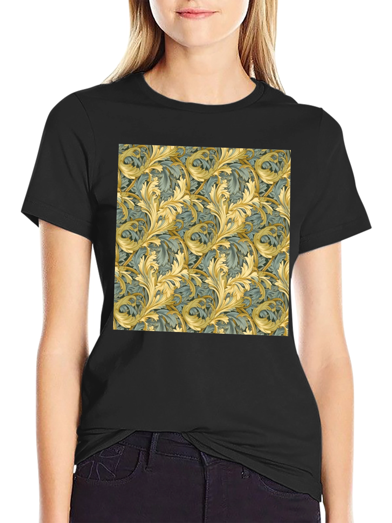Ornate Leaf Pattern Black T-Shirt