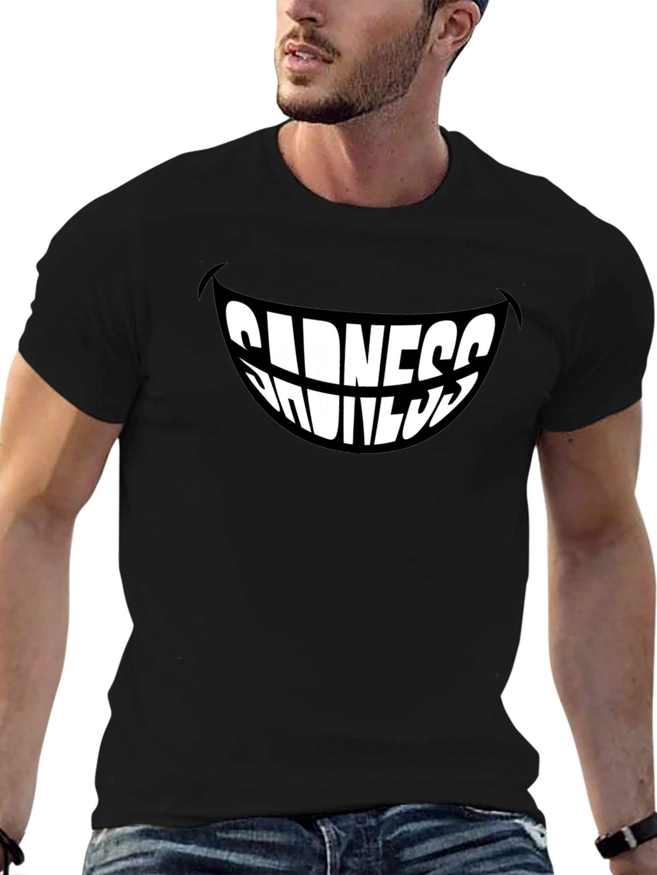 Sadness Smiles Graphic T-Shirt - Black Stylish Mens Tee
