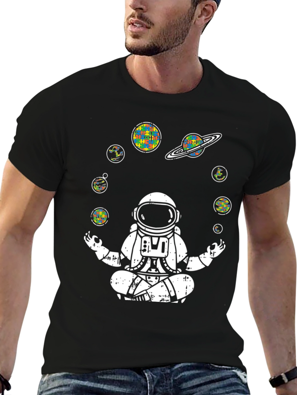 Astronaut Meditating T-Shirt Autism Awareness Planets