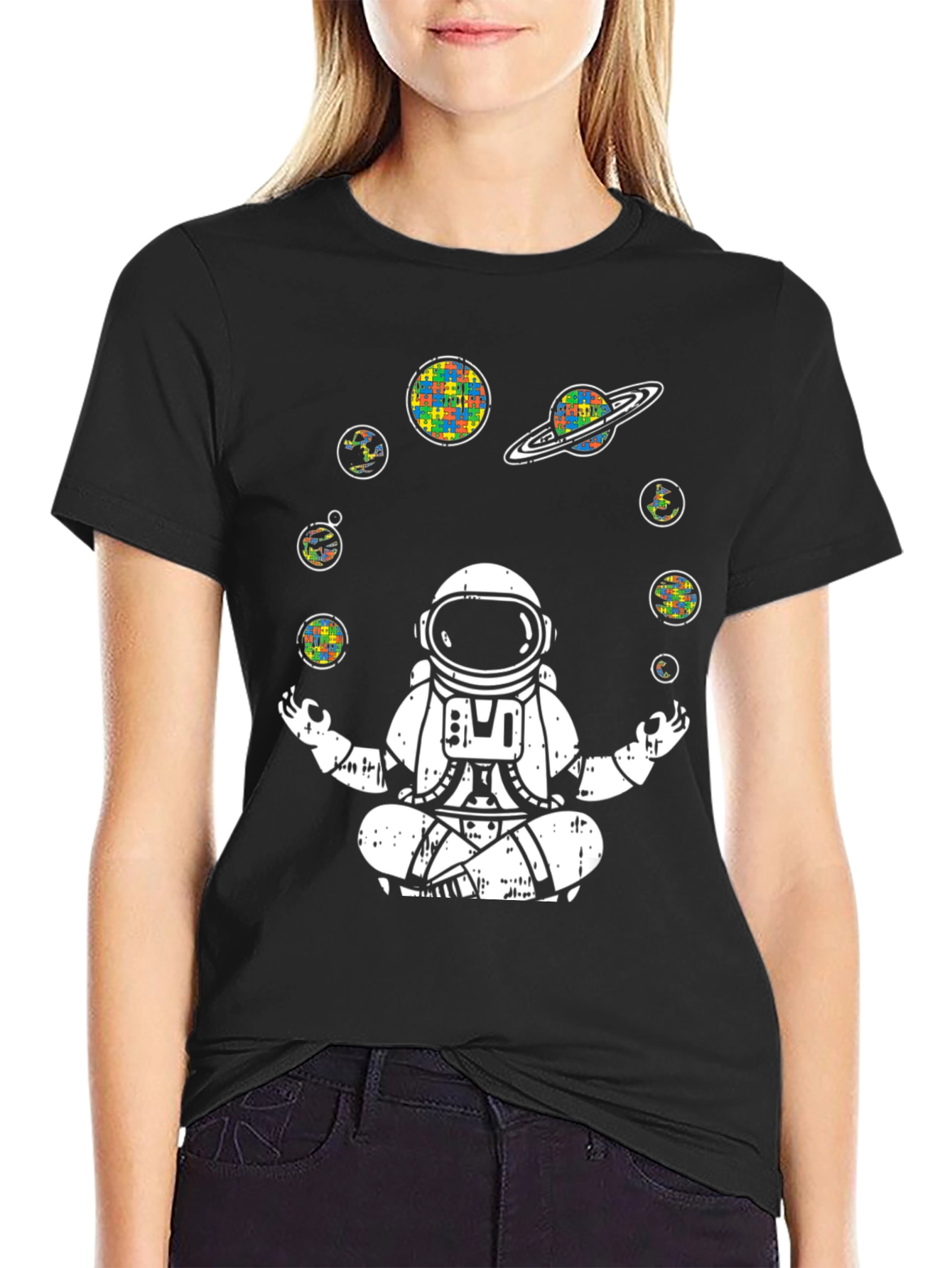 Astronaut Meditating T-Shirt Autism Awareness Planets