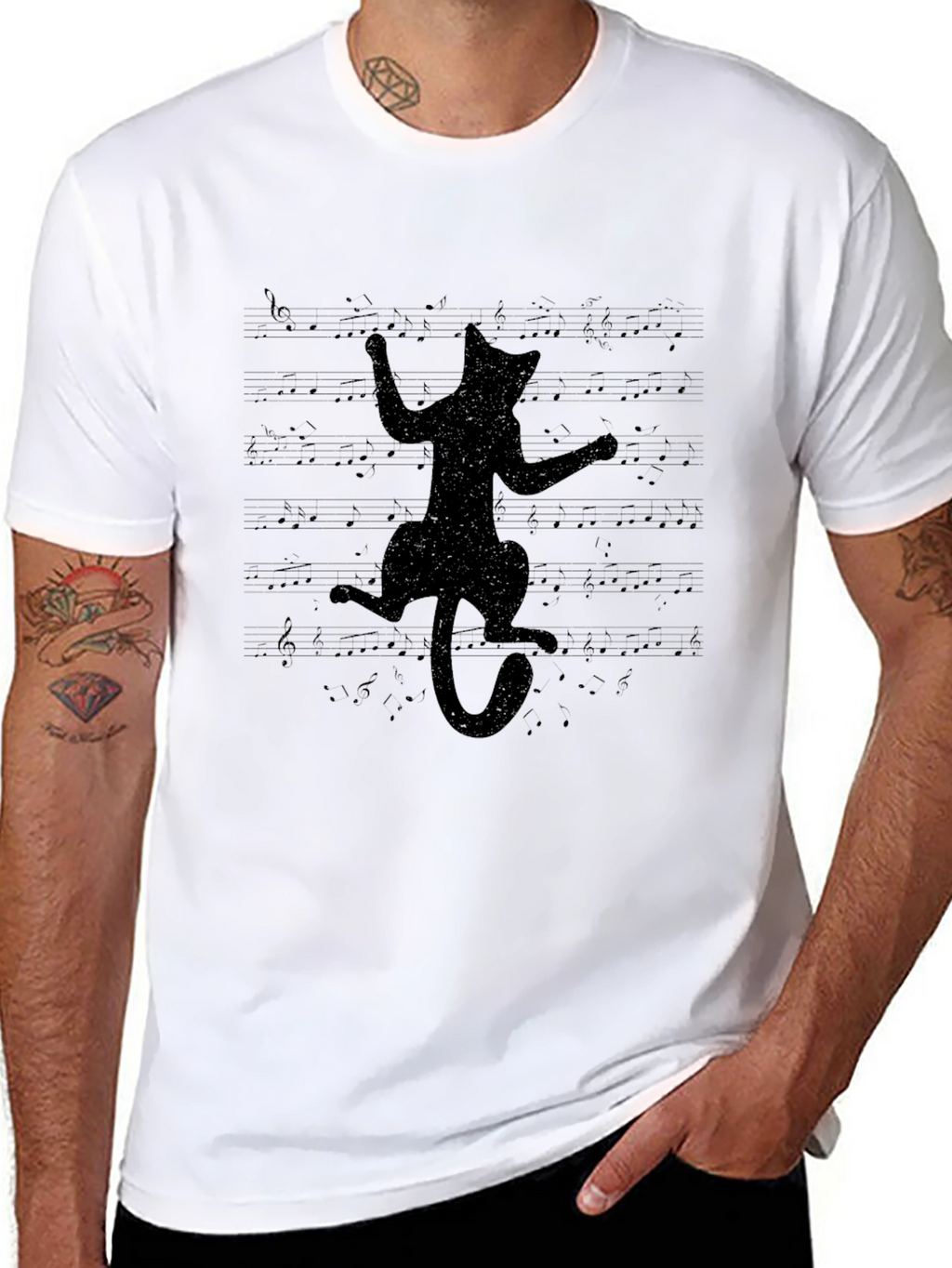 Black Cat Music Notes Graphic Tee - Unisex