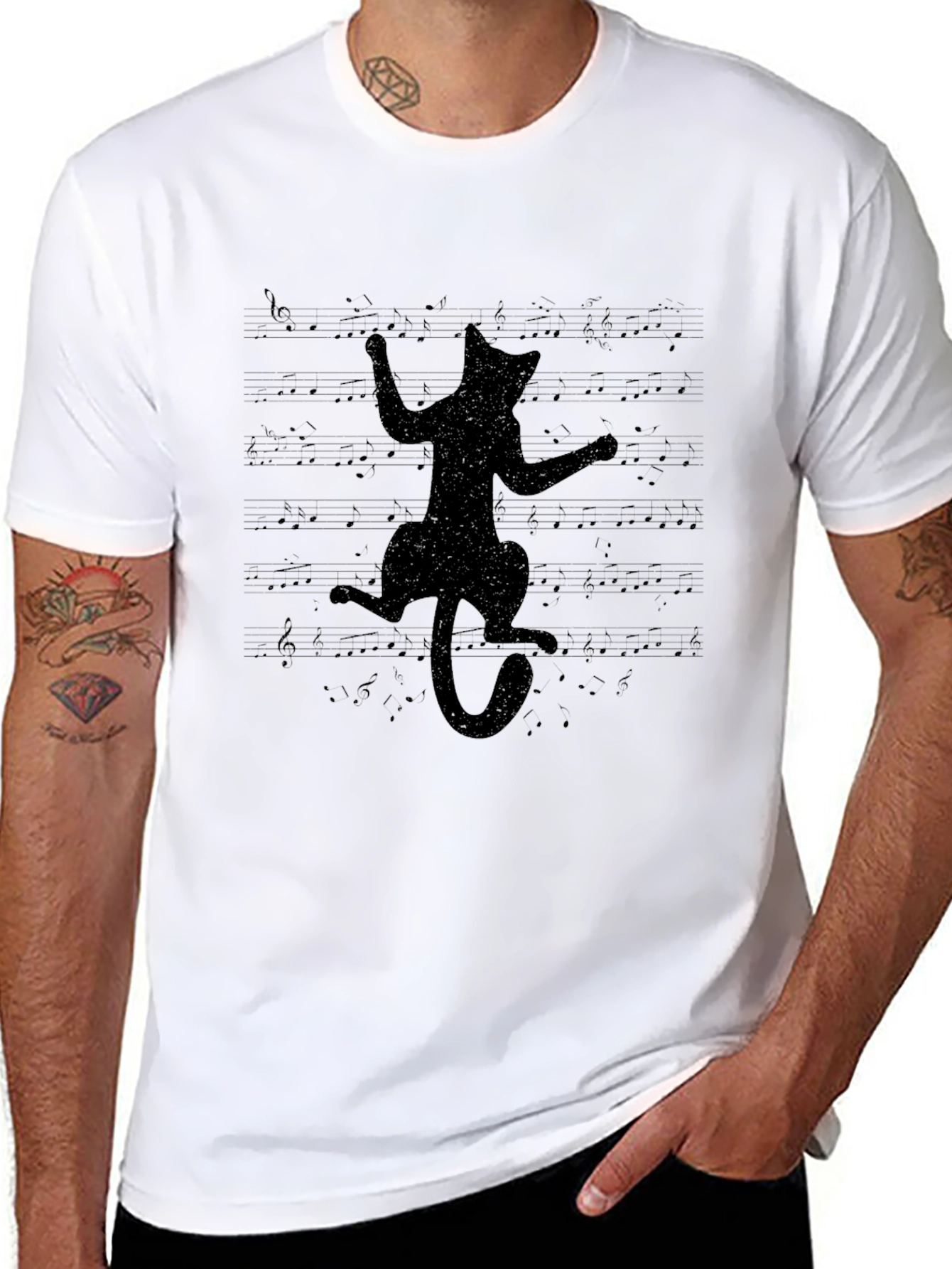 Black Cat Music Notes Graphic Tee - Unisex