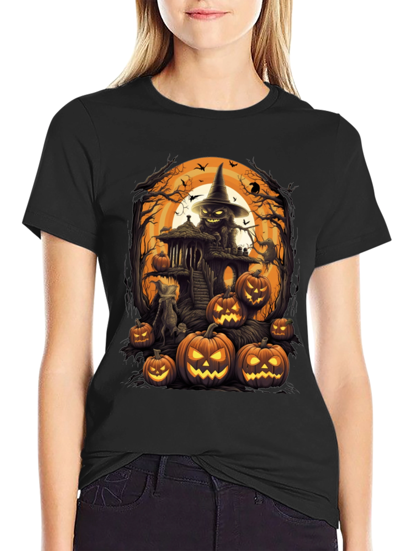 Spooky Halloween Graphic Tee - Pumpkin Witch House