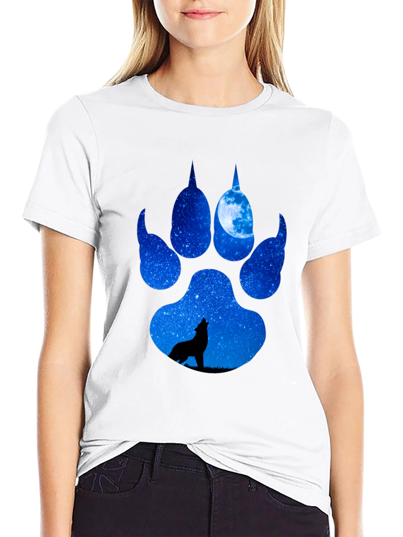 Wolf Paw Print T-Shirt - Galaxy Howling Wolf