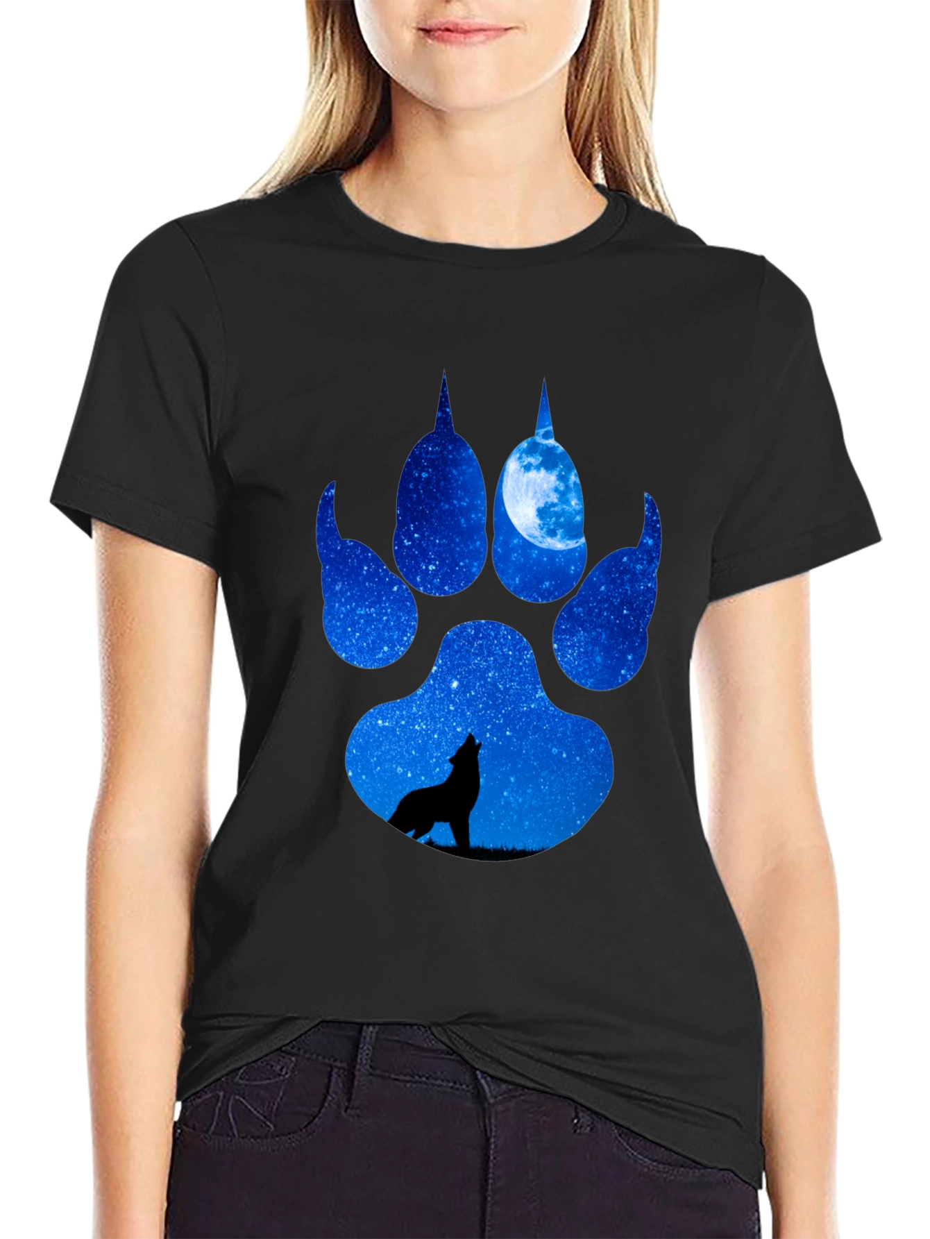 Wolf Paw Print T-Shirt - Galaxy Howling Wolf