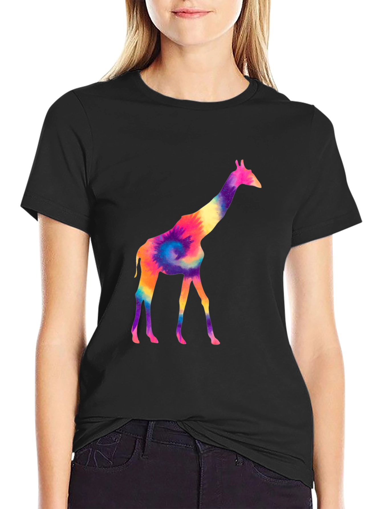 Colorful Giraffe Tie Dye Graphic Tee - Black