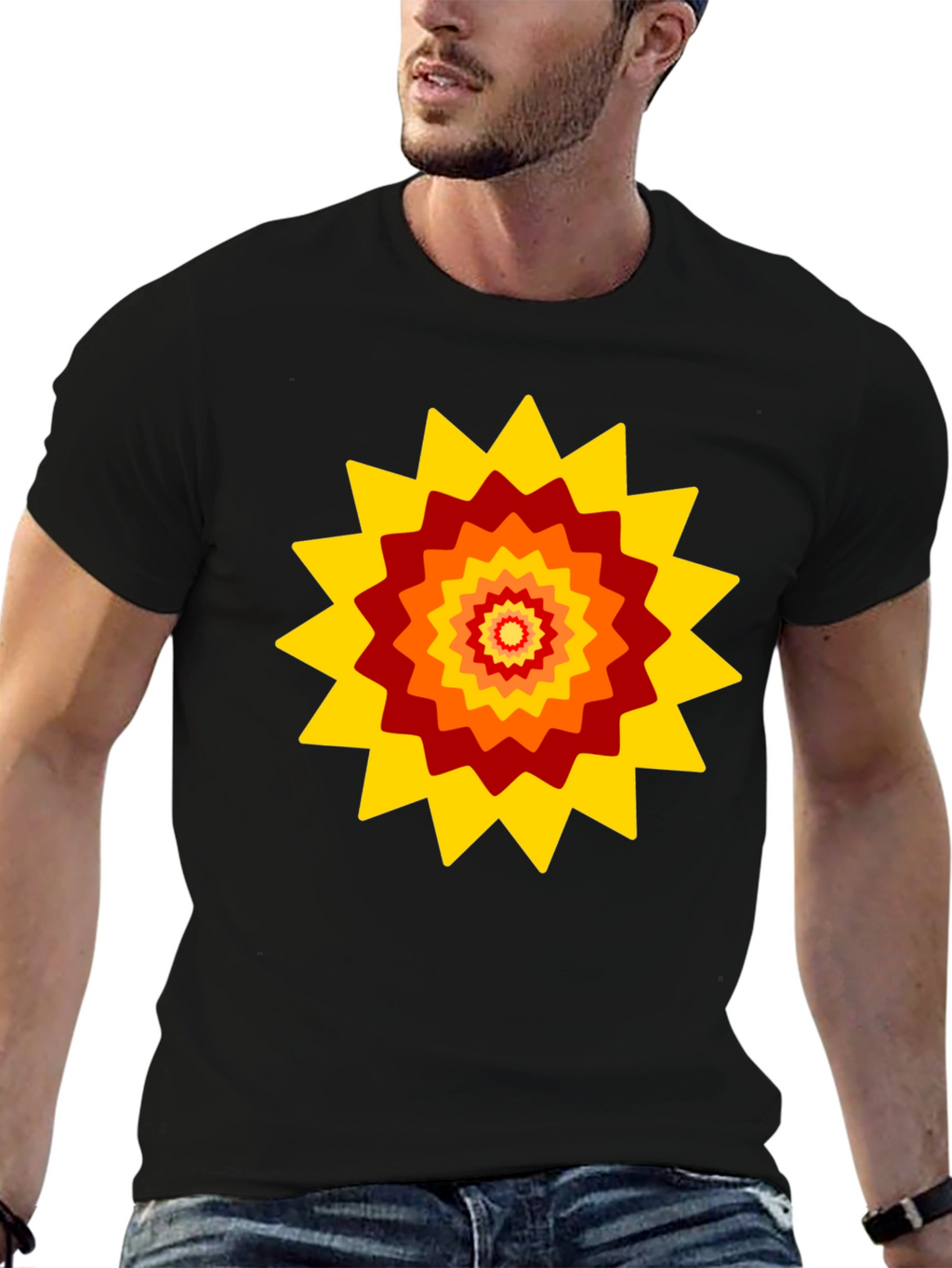 Retro Sunburst Graphic Tee - Black Cotton Blend