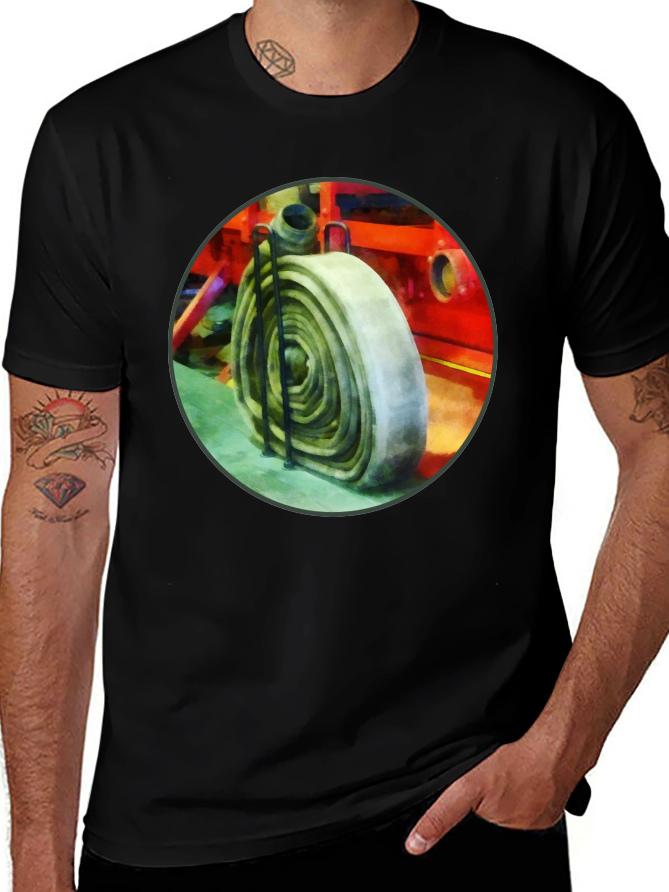 Fire Hose Graphic Tee - Black Cotton Crew Neck