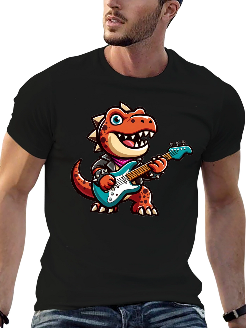 Dino Rocker T-Shirt: Cartoon Dinosaur Guitarist Tee