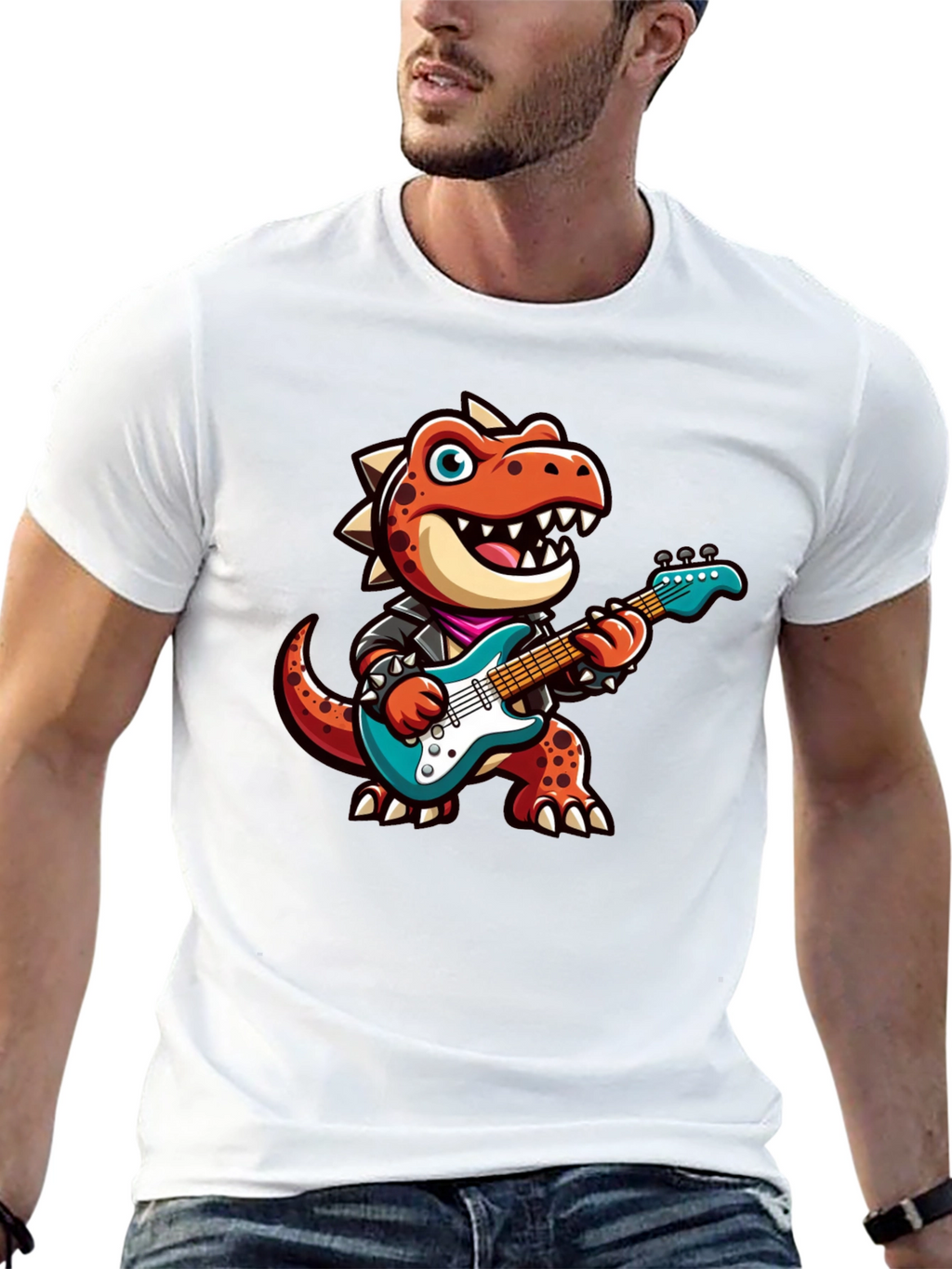 Dino Rocker T-Shirt: Cartoon Dinosaur Guitarist Tee