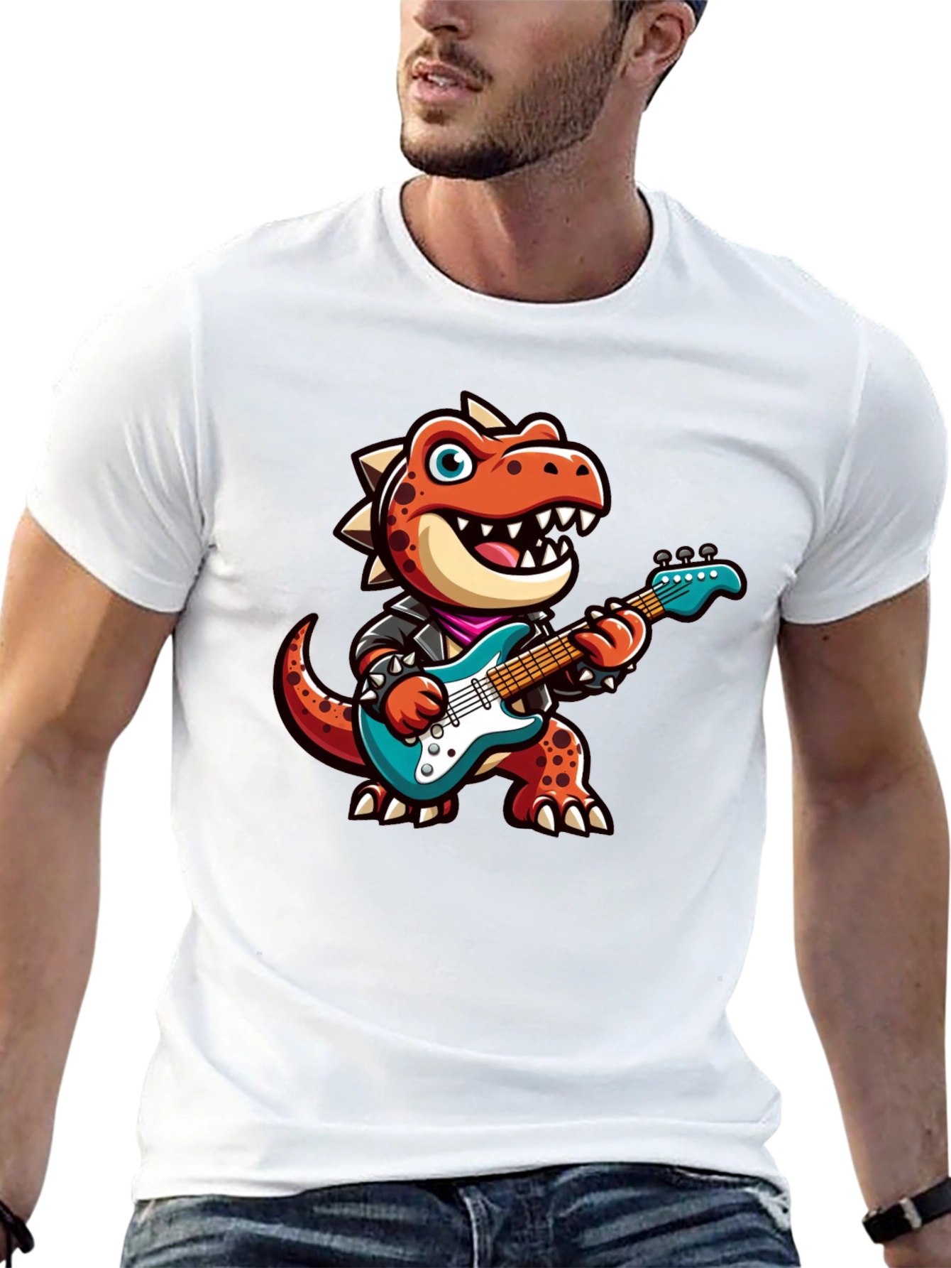 Dino Rocker T-Shirt: Cartoon Dinosaur Guitarist Tee