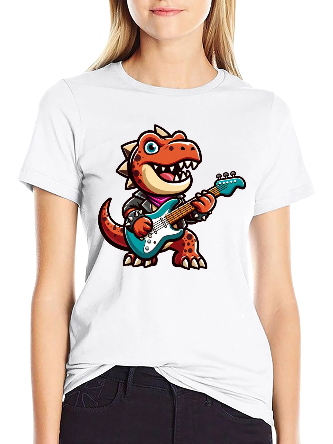Dino Rocker T-Shirt: Cartoon Dinosaur Guitarist Tee