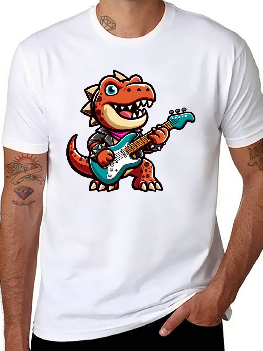 Dino Rocker T-Shirt: Cartoon Dinosaur Guitarist Tee