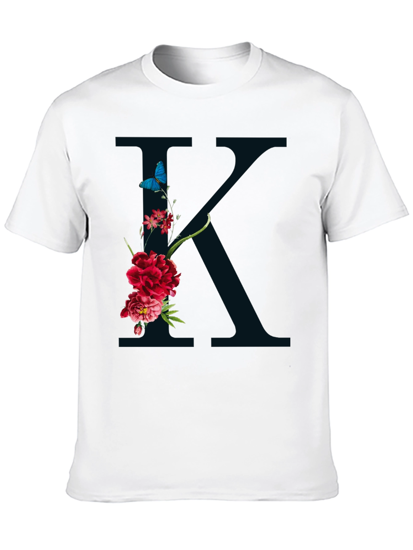 Floral K Initial Graphic Black T-Shirt