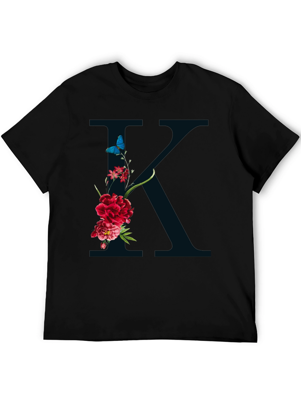 Floral K Initial Graphic Black T-Shirt