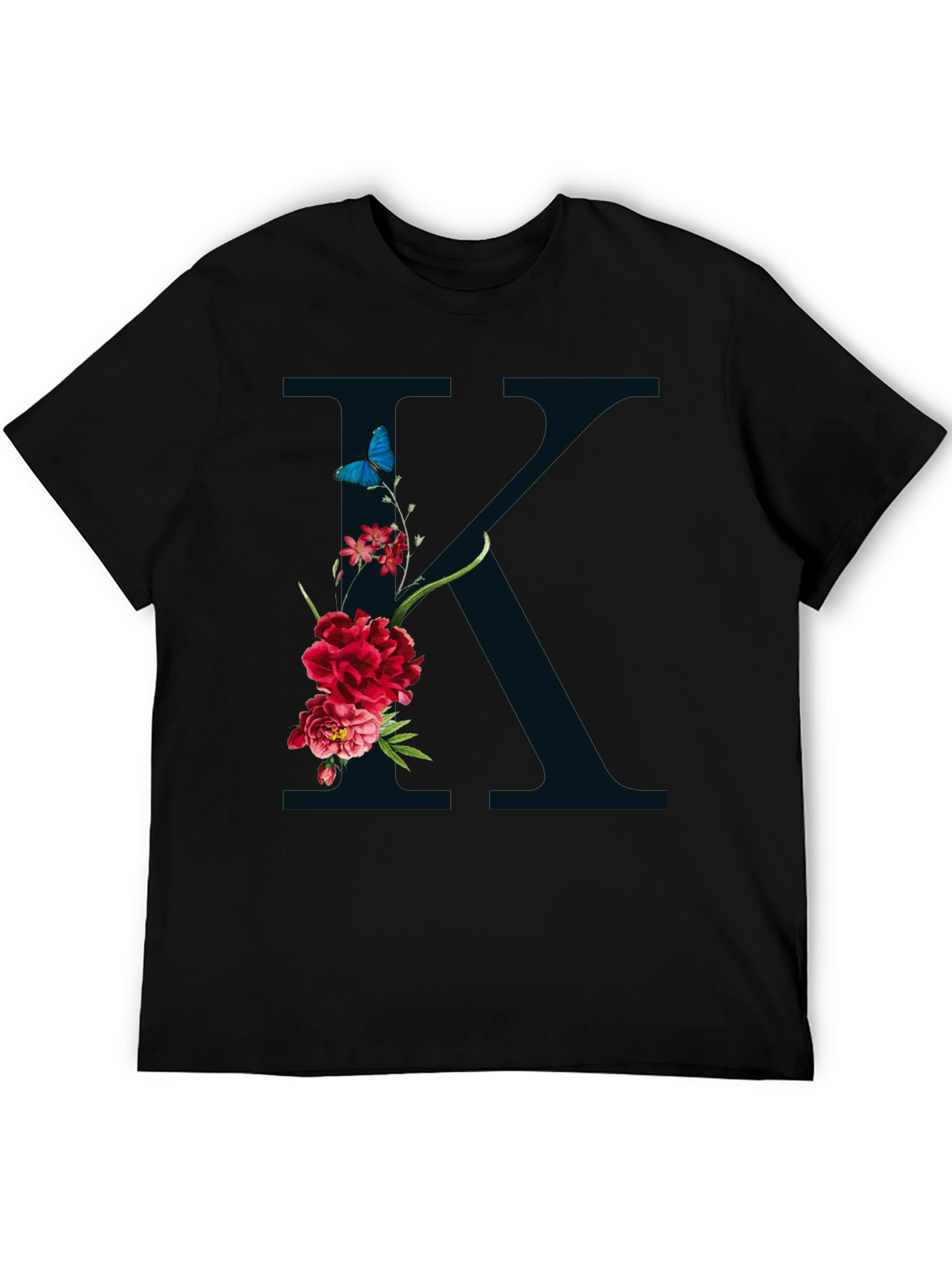 Floral K Initial Graphic Black T-Shirt