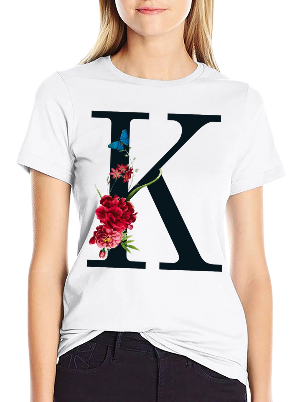 Floral K Initial Graphic Black T-Shirt
