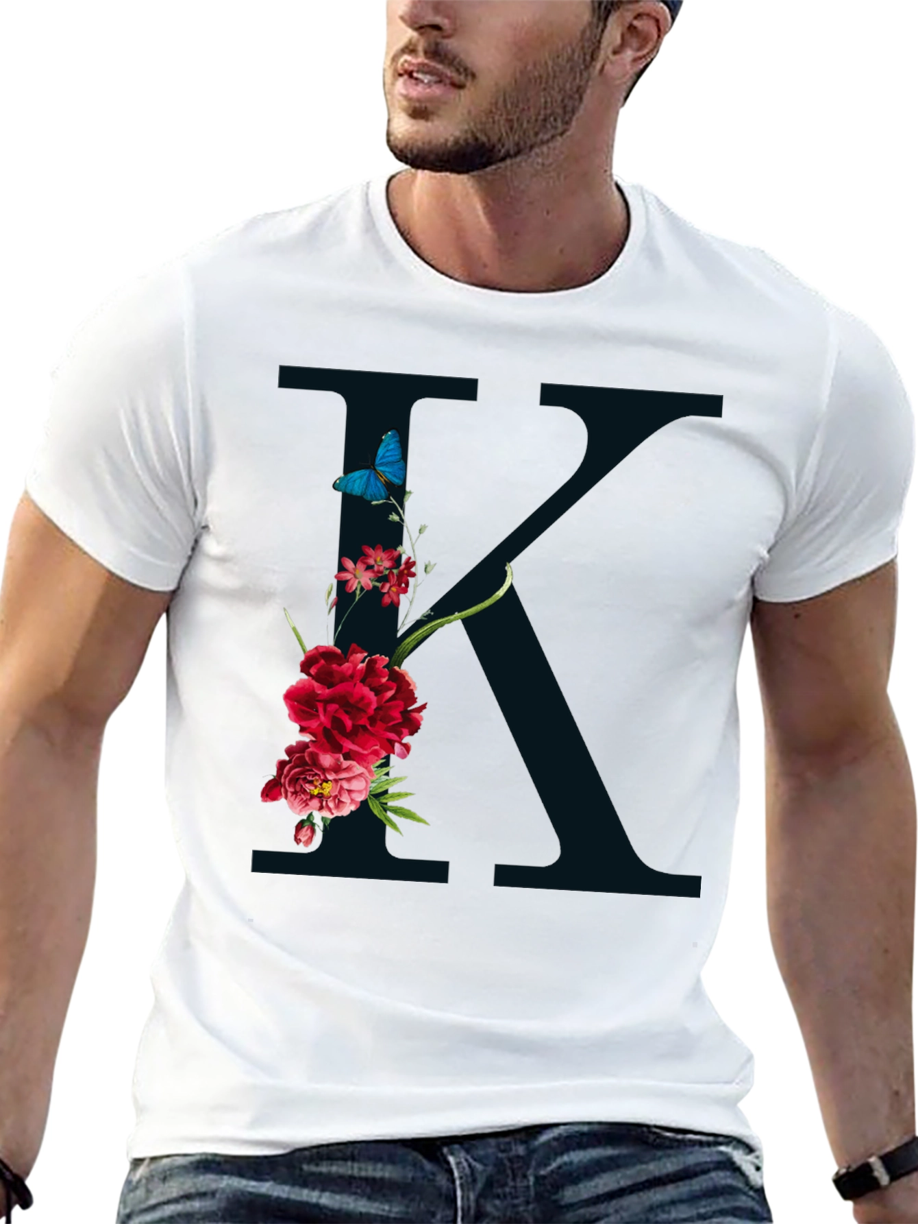 Floral K Initial Graphic Black T-Shirt