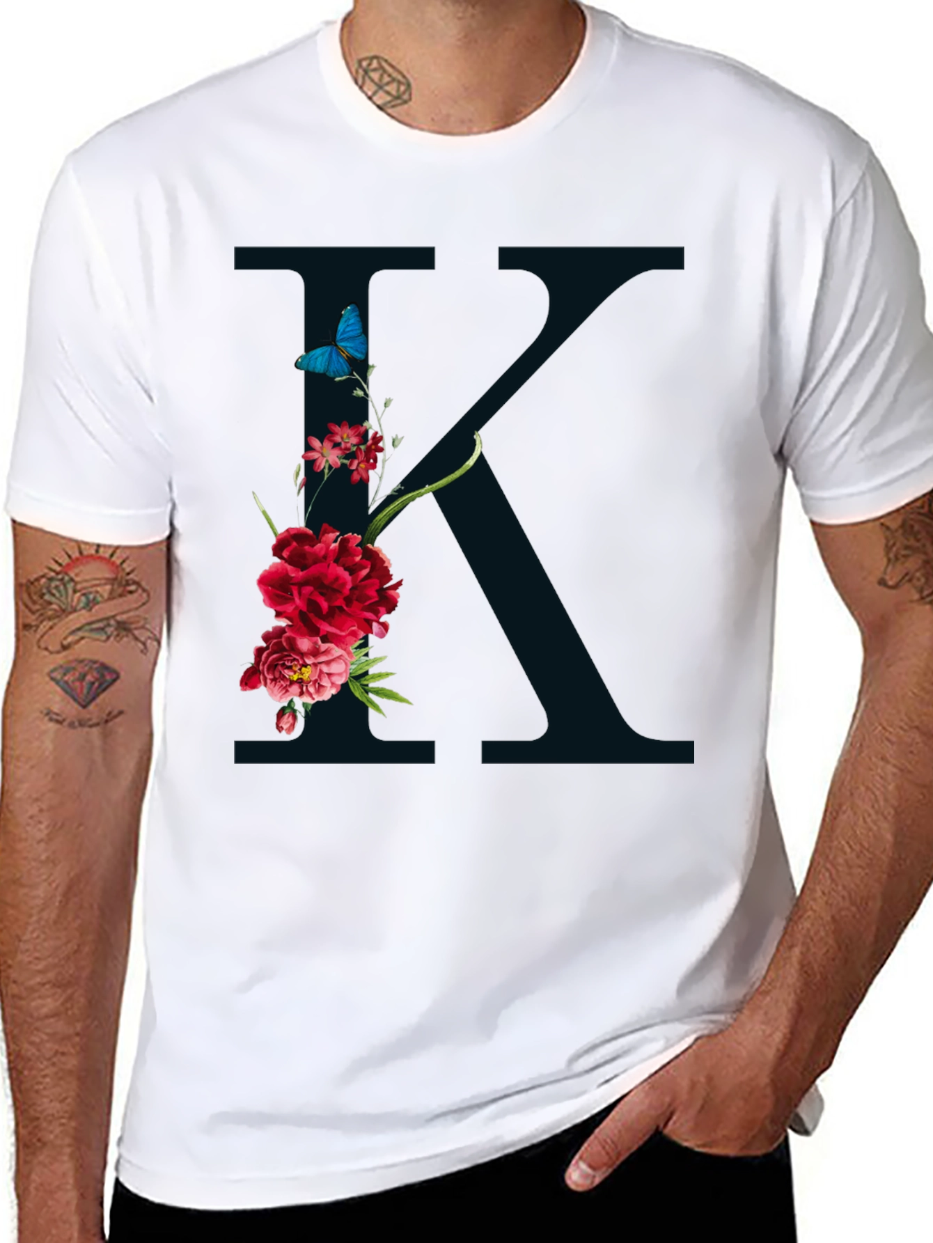 Floral K Initial Graphic Black T-Shirt