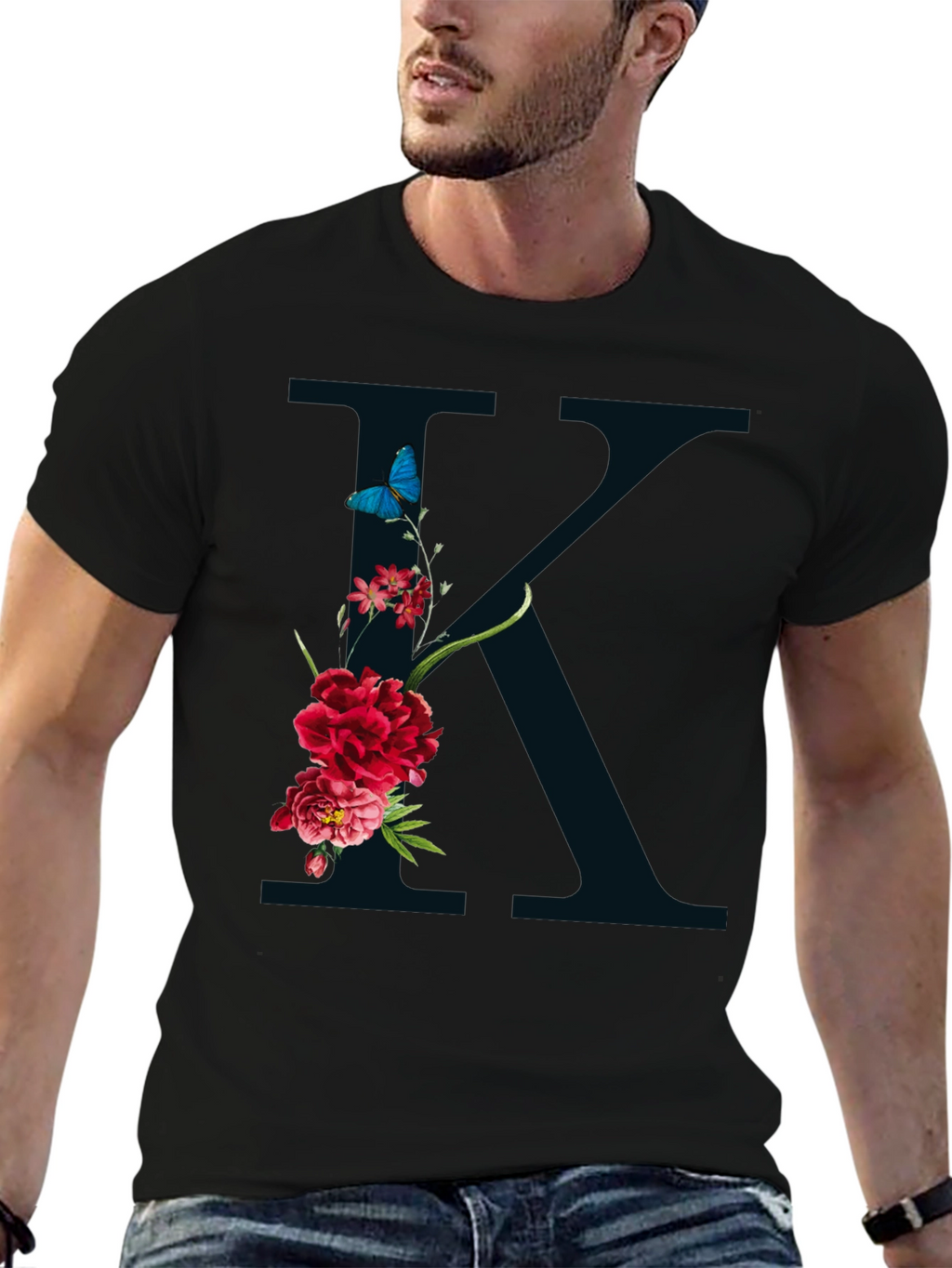 Floral K Initial Graphic Black T-Shirt
