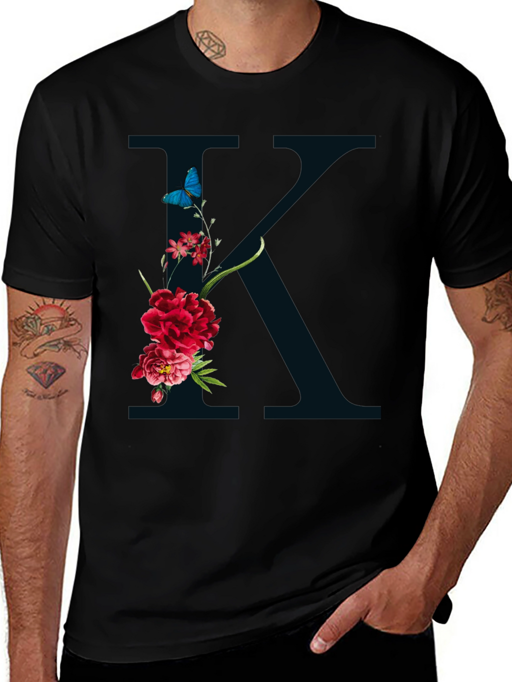 Floral K Initial Graphic Black T-Shirt