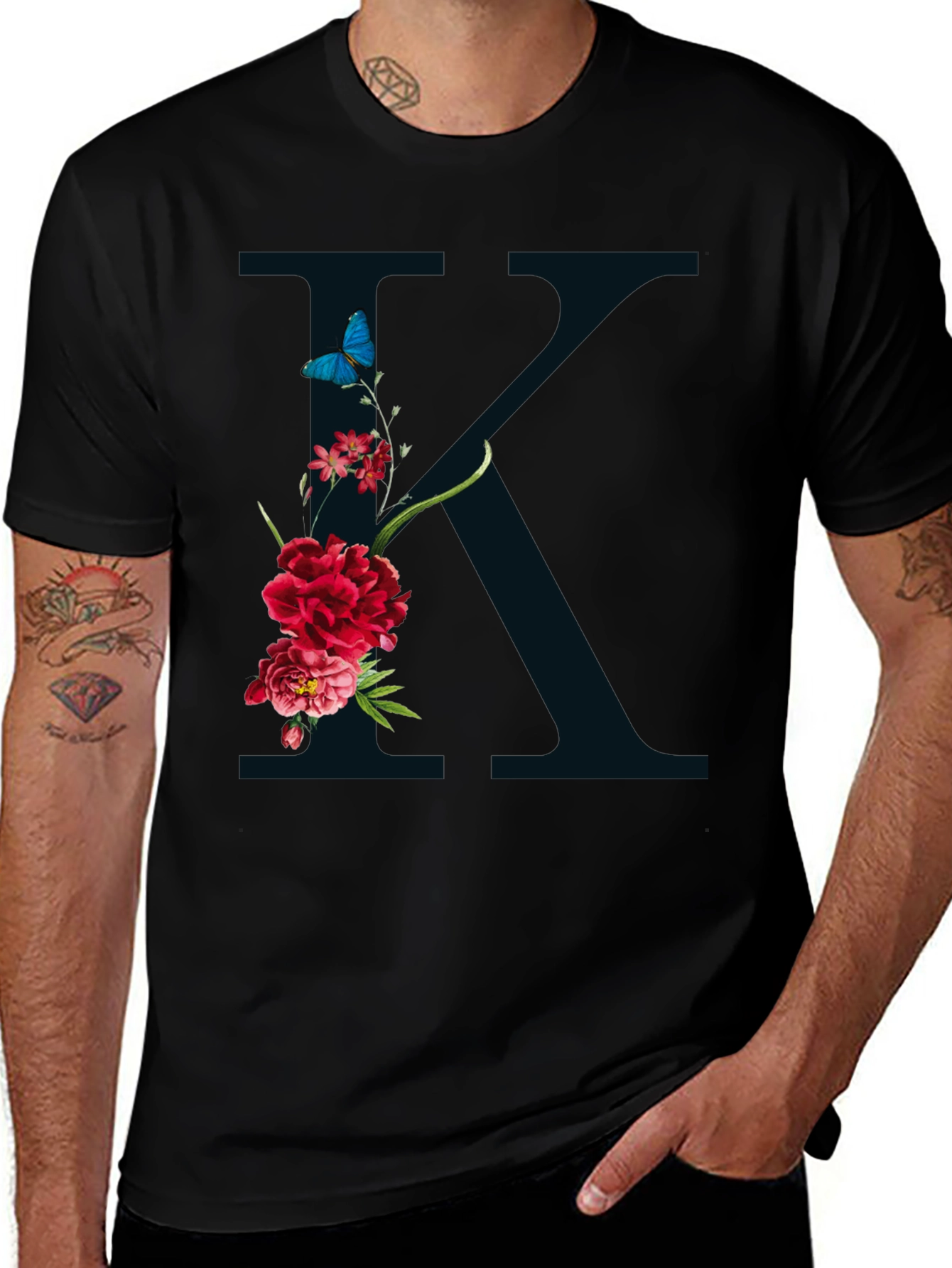 Floral K Initial Graphic Black T-Shirt