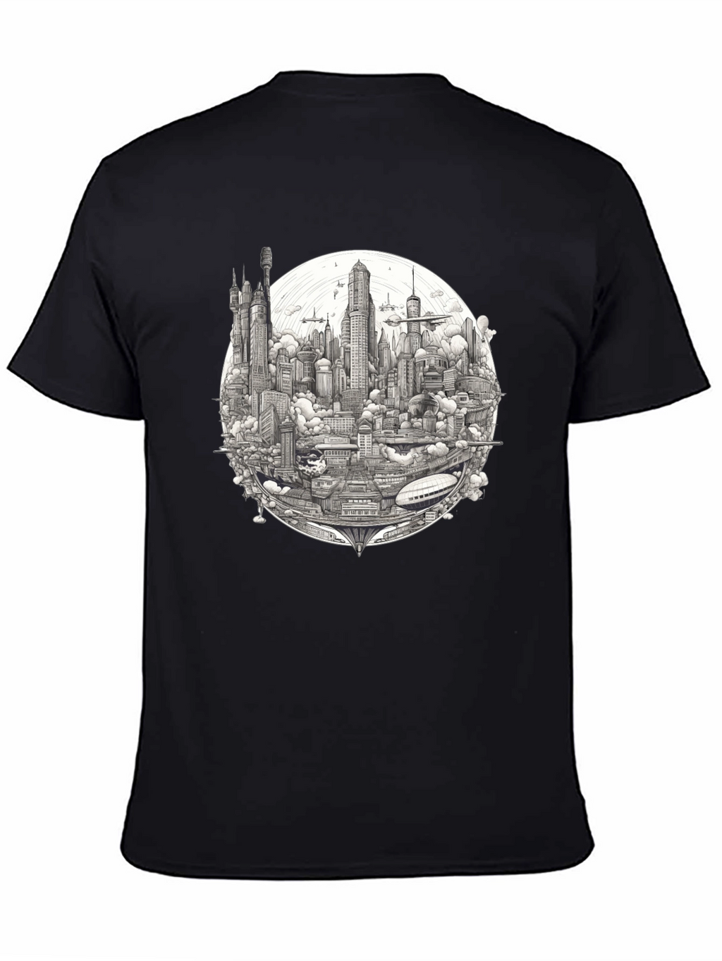 Futuristic Cityscape Graphic Print Black T-Shirt
