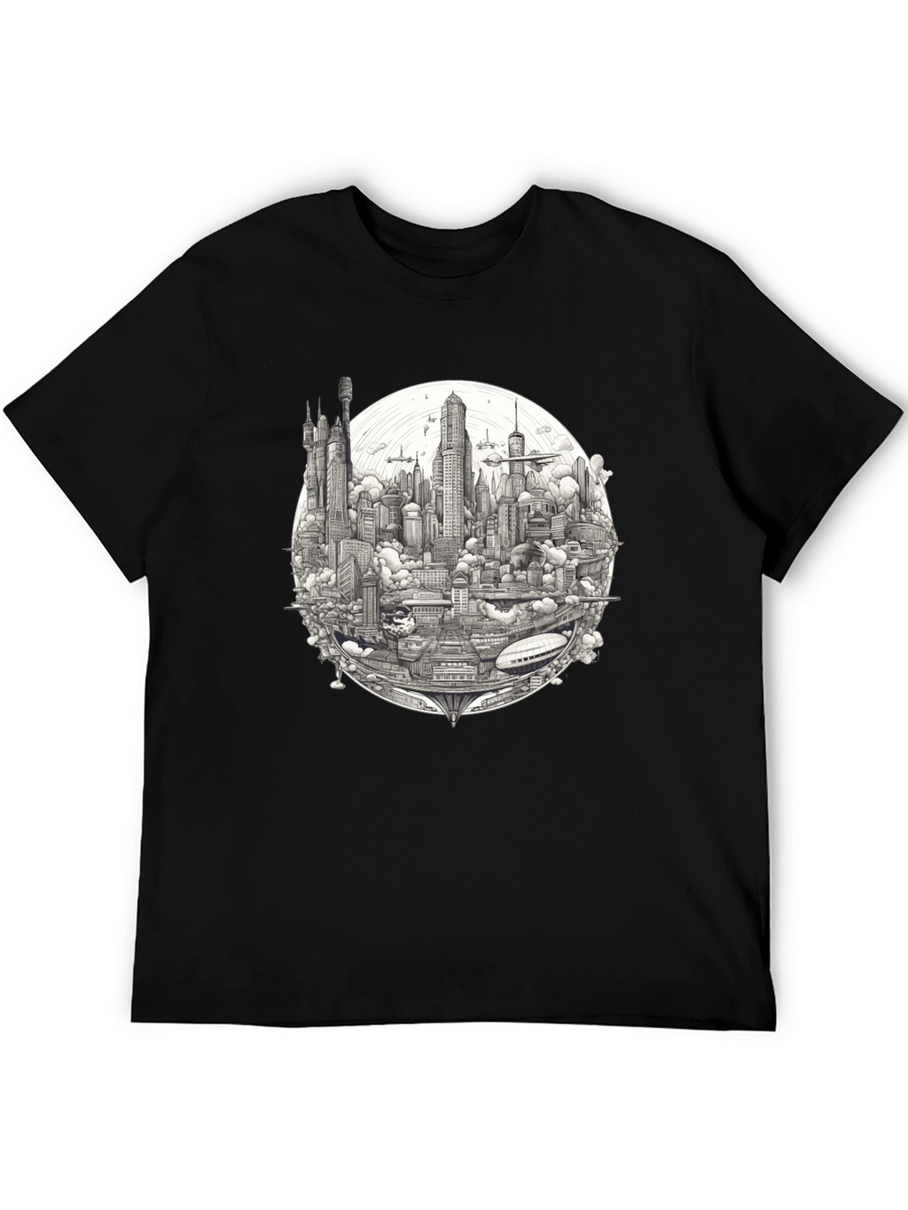 Futuristic Cityscape Graphic Print Black T-Shirt