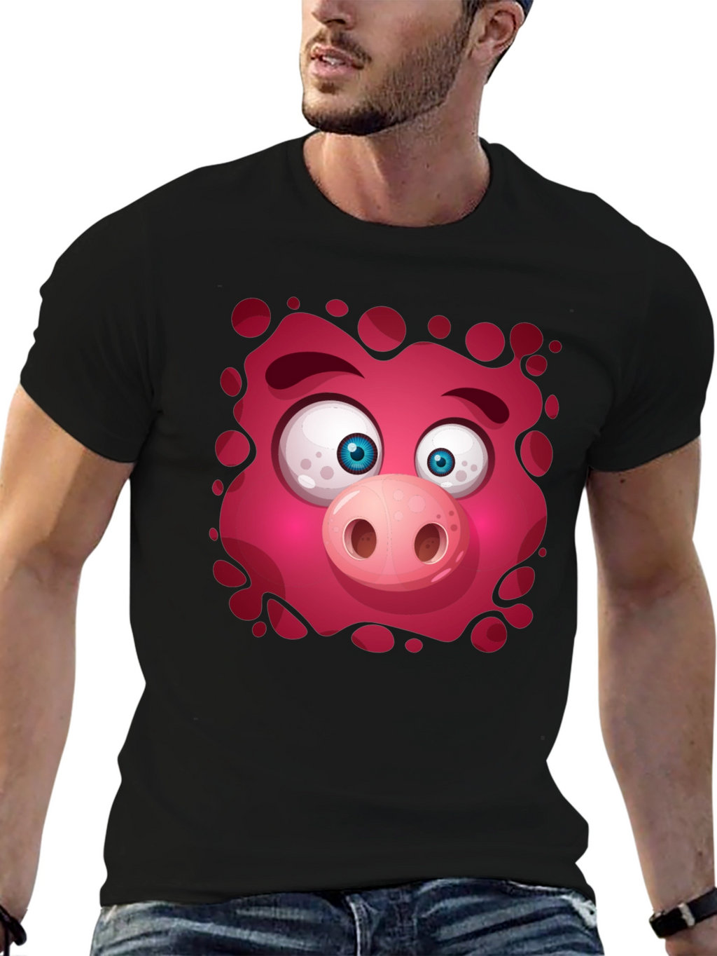 Funny Pig Face Graphic Tee - Mens Black T-Shirt