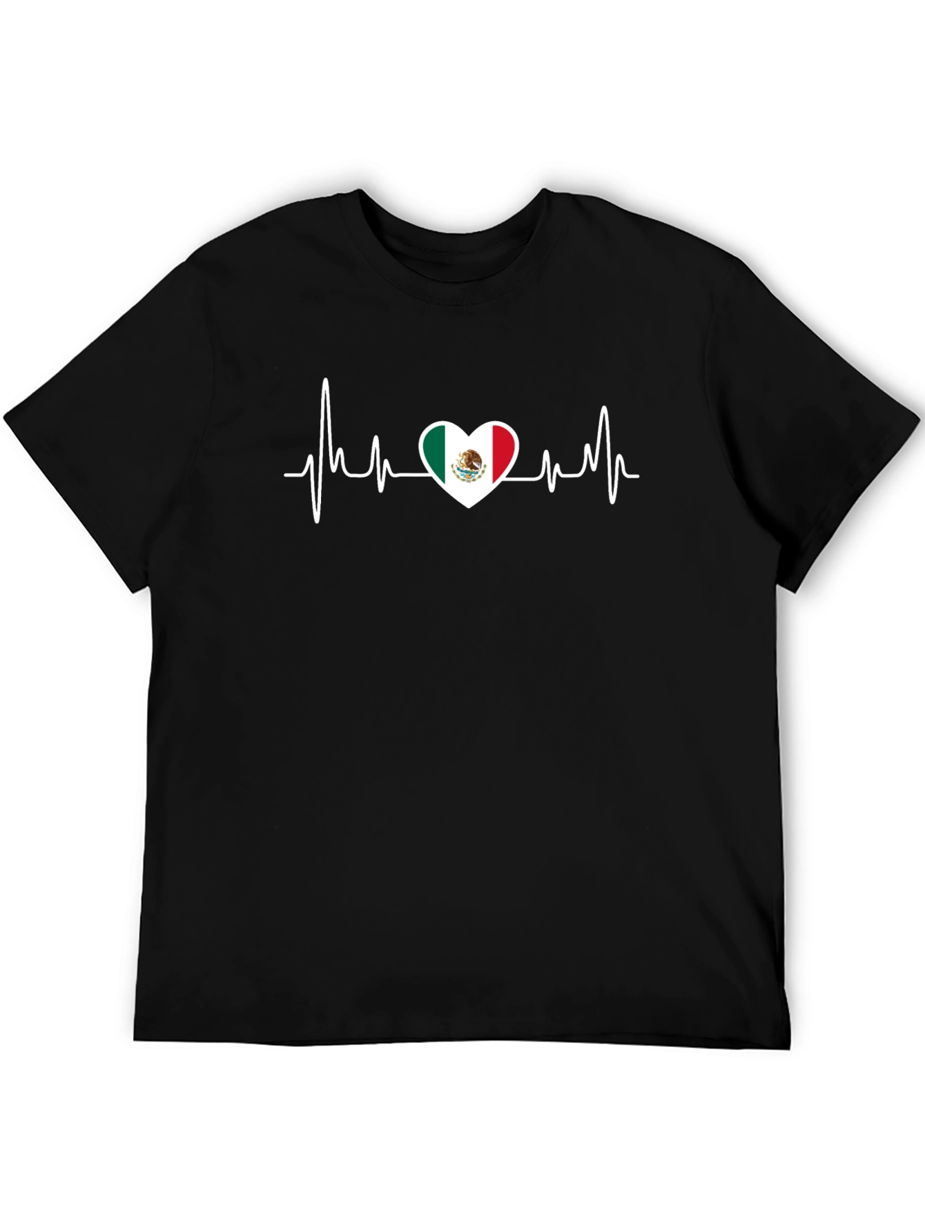 Mexico Flag Heartbeat Graphic Tee - Black Cotton T-Shirt