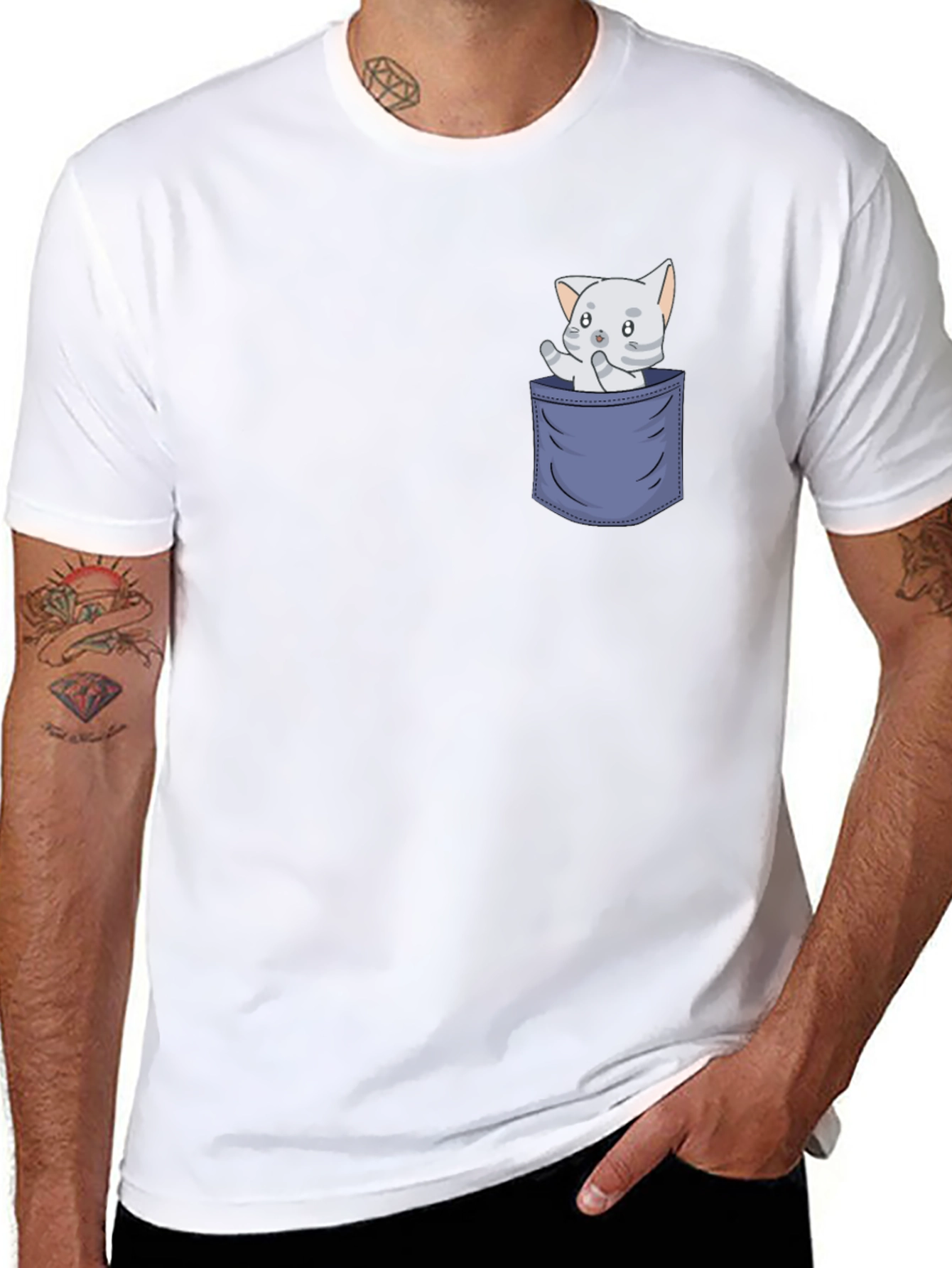 Cute Cat Pocket T-Shirt - Fun Graphic Tee