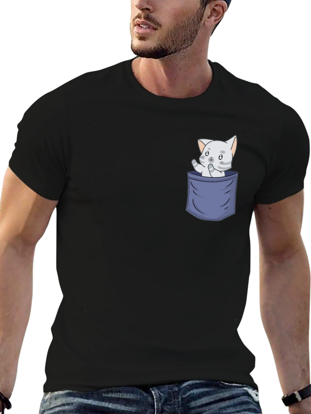 Cute Cat Pocket T-Shirt - Fun Graphic Tee